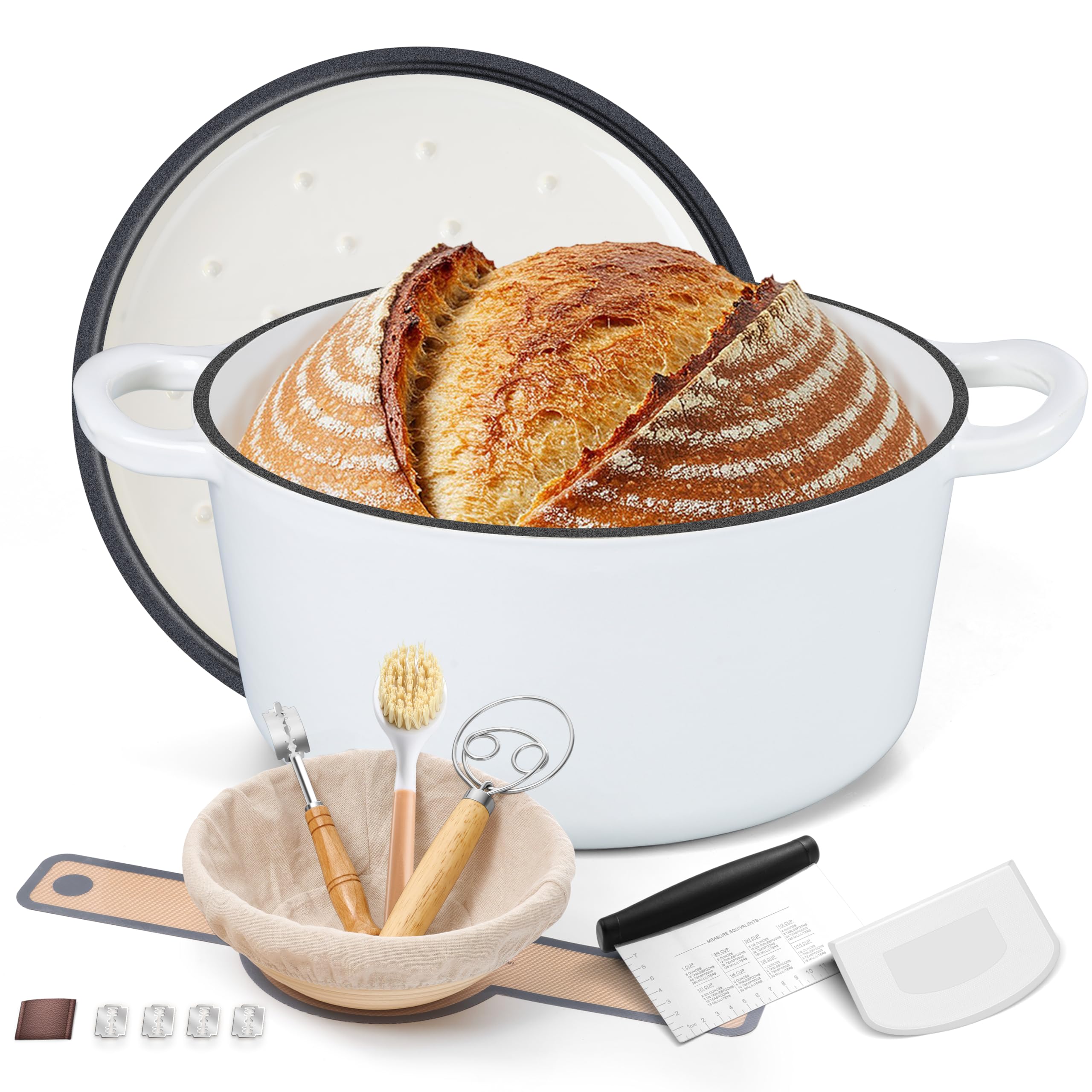 Efar Enameled Dutch Oven Pot for Bread Baking, 6QT Enameled Cast Iron Cookware with SelfBasting Lid & Sourdough Bread Baking S