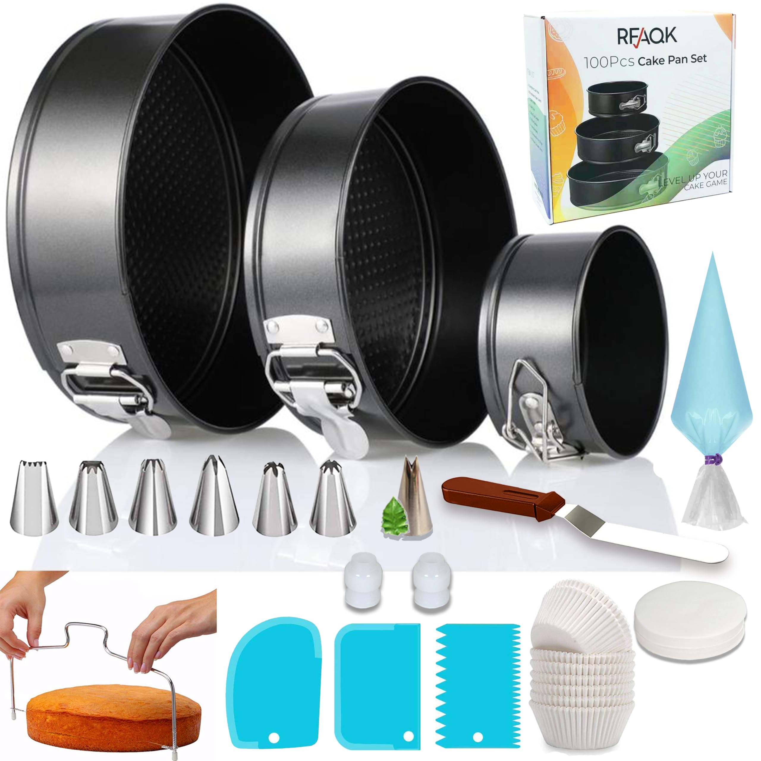 Rfaqk 100Pcs Cake Pan Sets For Baking + Cake Decorating Kit: 3 Non-Stick Springform Pans Set (4, 7, 9 Inches), Piping Tips, Cake