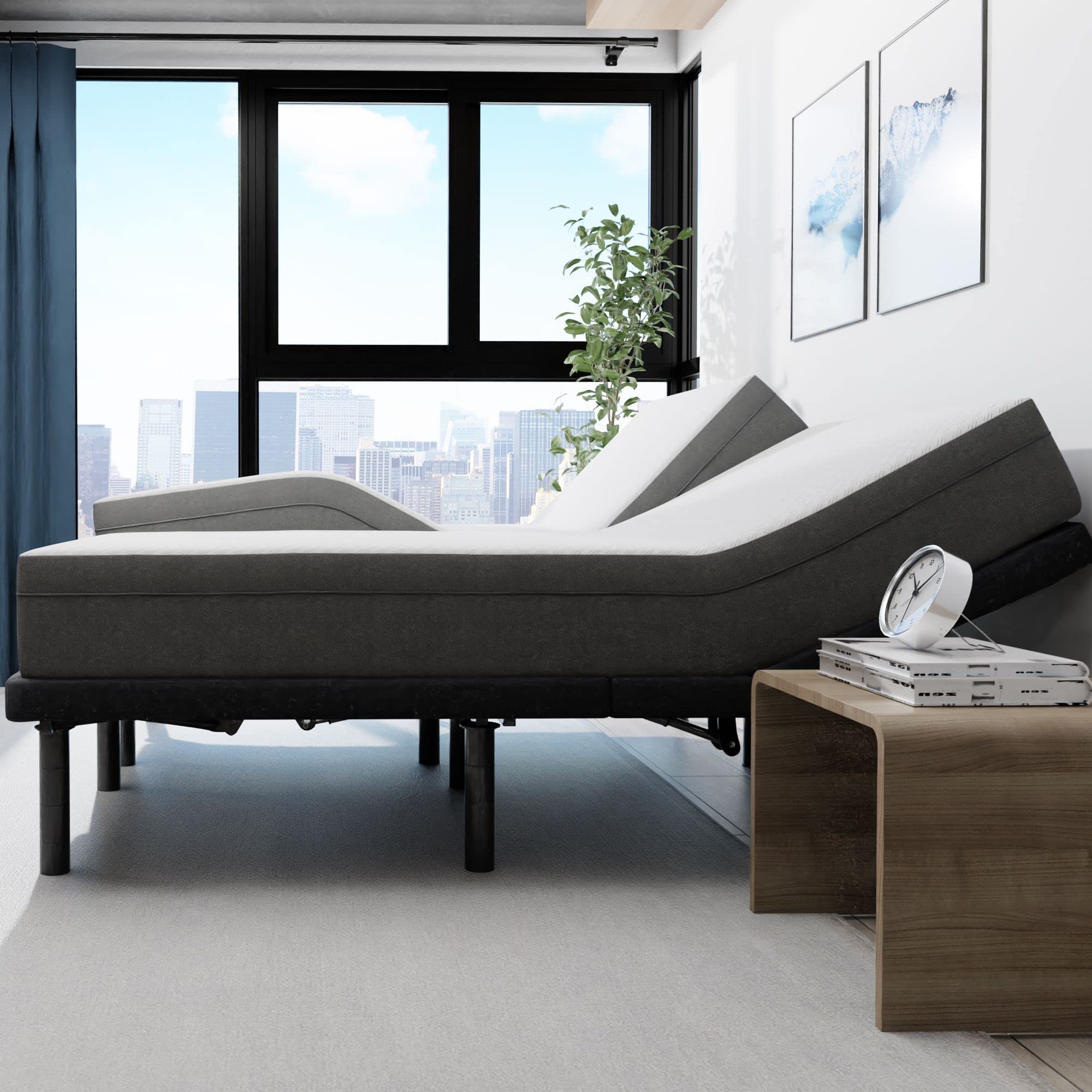 Blissful Nights E4 Split King Adjustable Bed Base Frame With 10'' Medium Firm Gel Infused Memory Foam Mattress