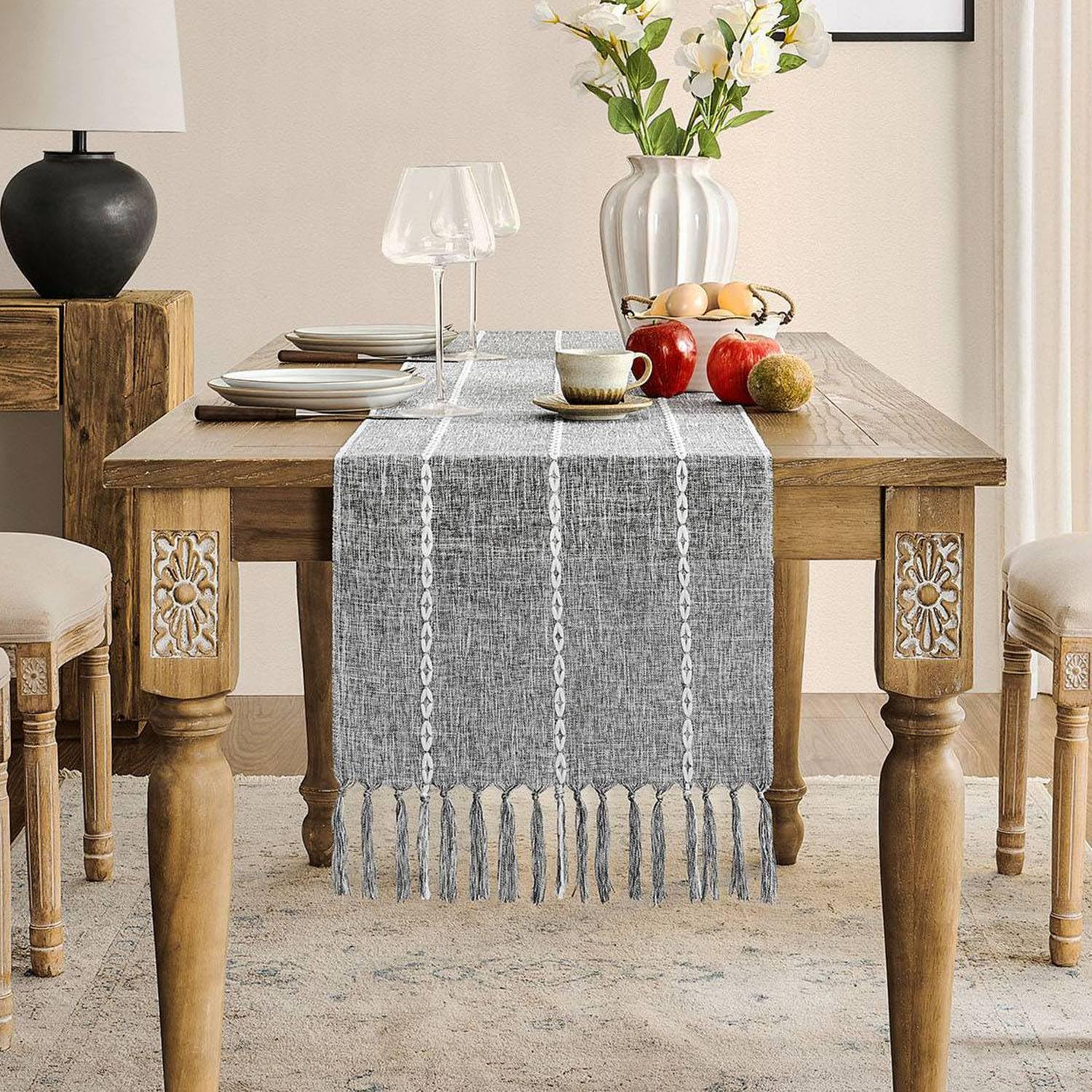 Zeemart Farmhouse Table Runner, Rustic Table Runners 48 Inches Long, Linen Boho Table Runner, Braided Striped Grey Table Runner