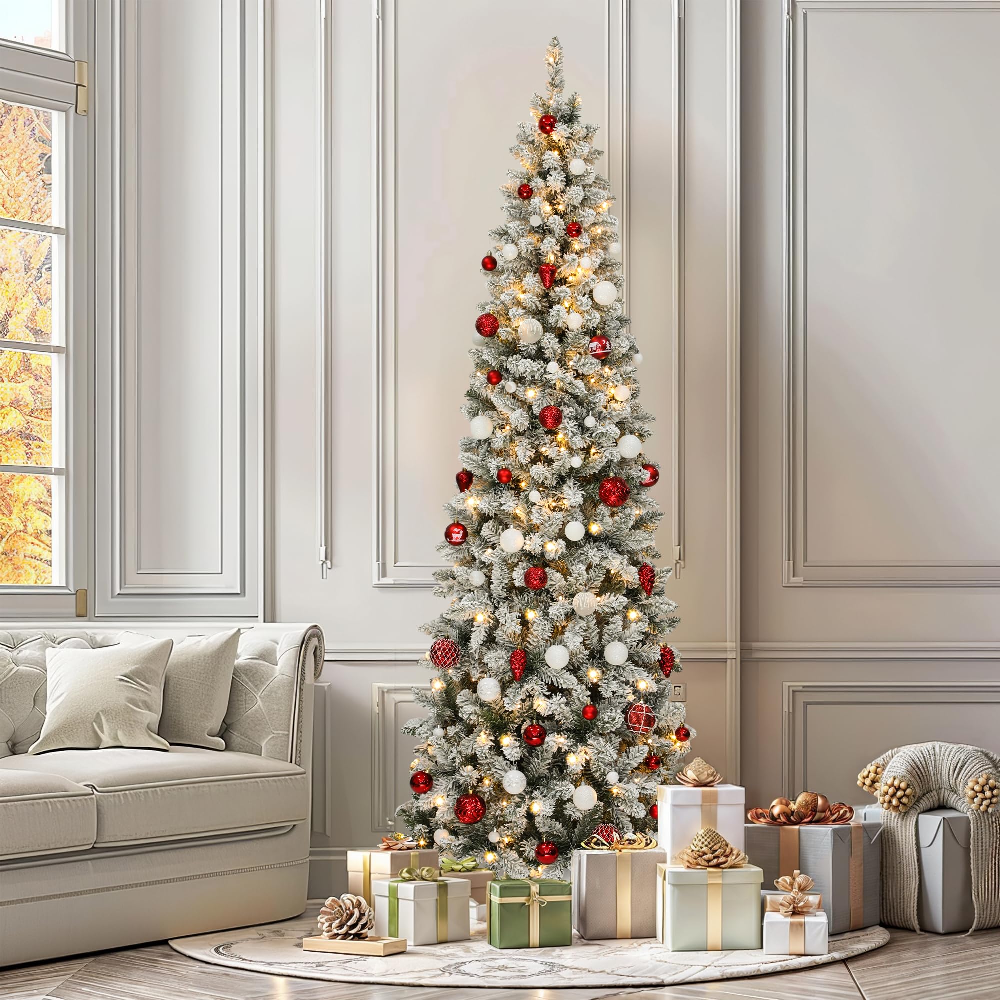 YITAHOME Pre-lit Snow Flocked Pencil Christmas Tree 7.5ft with Remote, Kingswood Fir, Hinged Artificial Slim Corner Xmas Tree fo