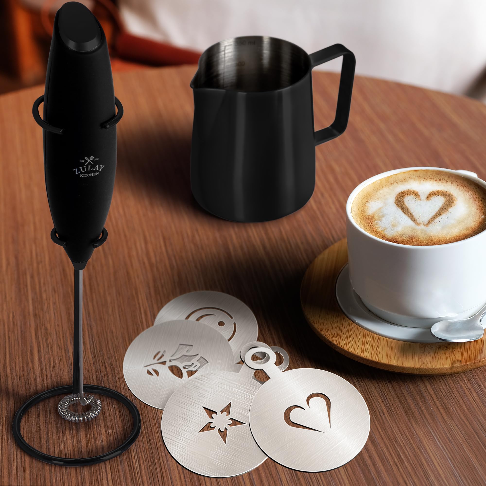 Zulay Kitchen Milk Frother Set - Latte Art Coffee Kit - Comes With Milk Frother Handheld, Stainless Steel Frothing Pitcher & Cof