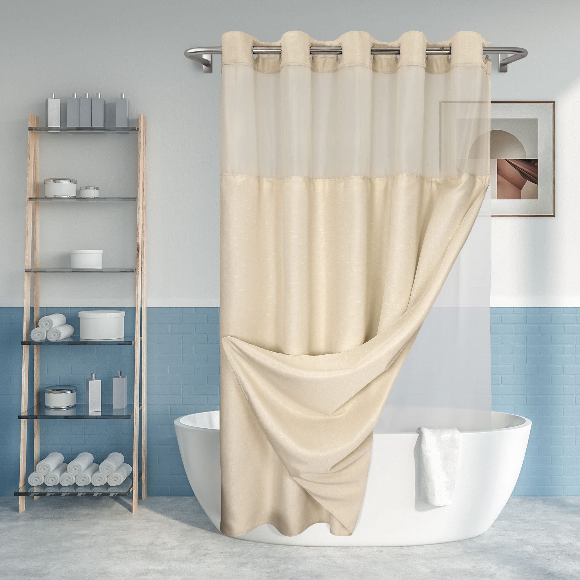 No Hook Slub Textured Shower Curtain With Snap-In Peva Liner Set - 71'' X 74''(72''), Hotel Style Beige Shower Curtain With See