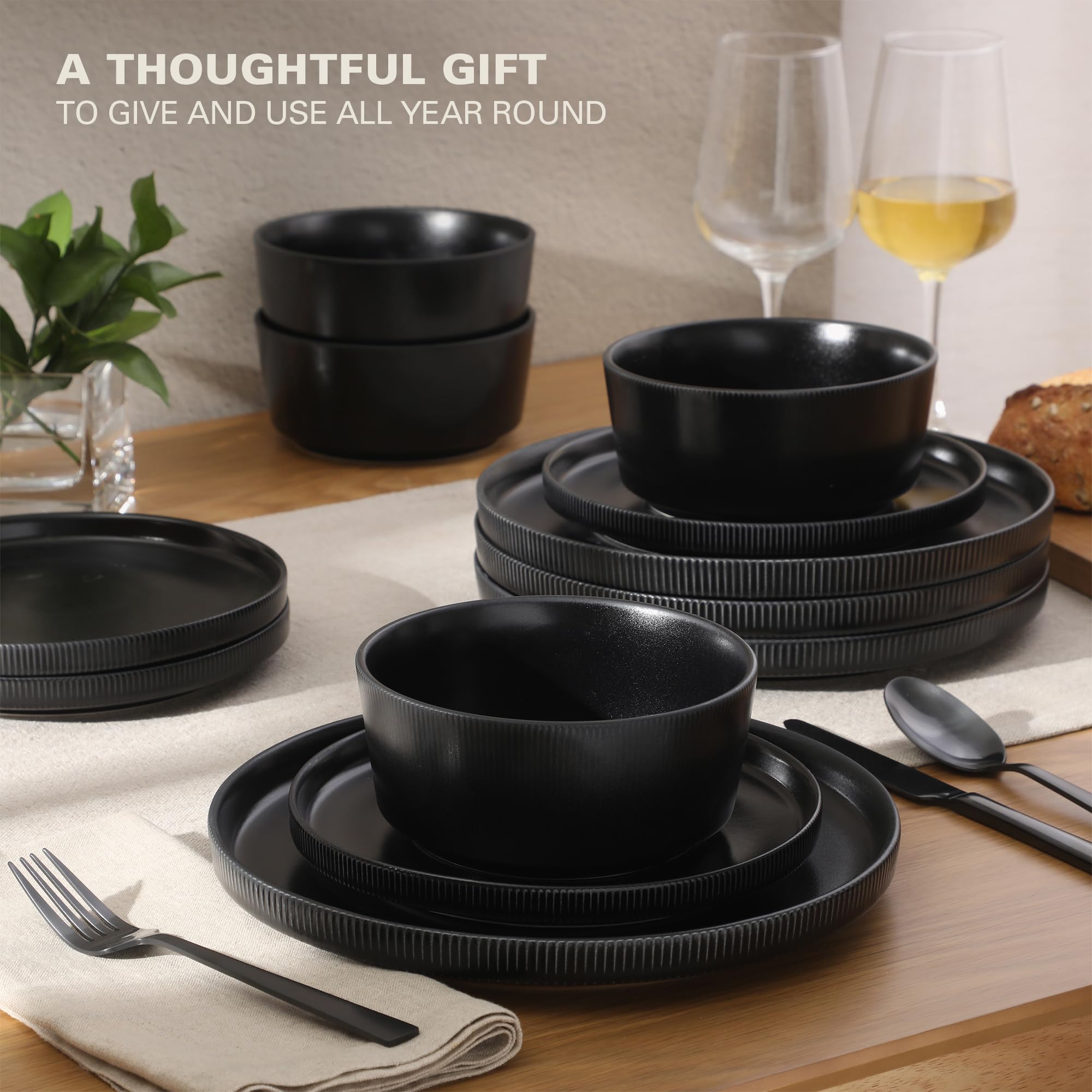 Gibson Home Dempsey Road 12-Piece Stoneware Dinnerware Set - Service for 4, Round Black Plates and Bowls, Durable Solid Color Mo