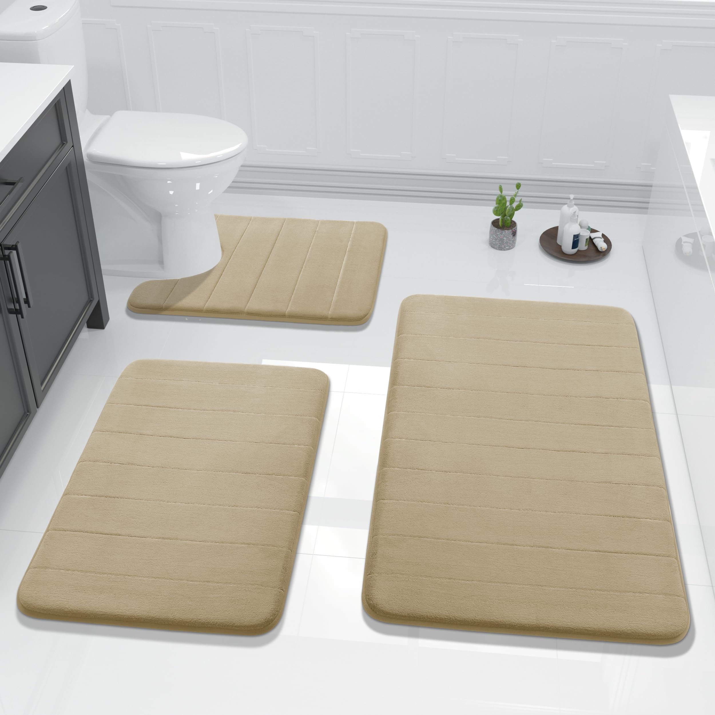 Yimobra 3 Pieces Memory Foam Bath Mat Sets  44.1x24 + 31.5x19.8 and U-Shaped for Bathroom Rugs  Toilet Mats  Non-Slip  Soft Comfortable  Water Absorption  Machine Washable  Camel