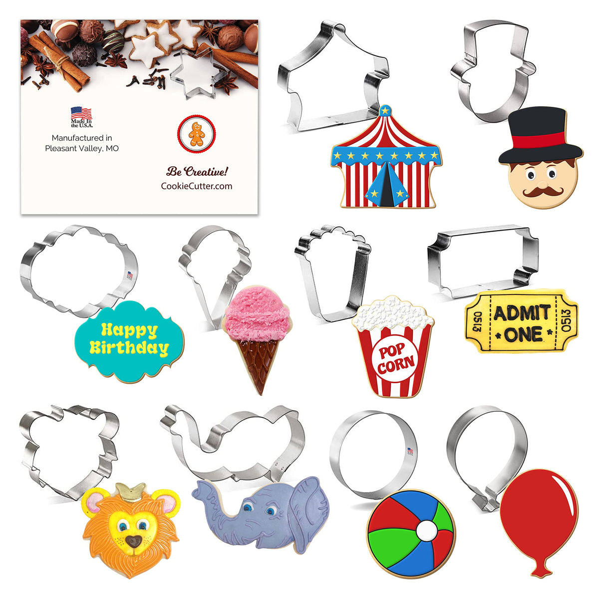 Circus Birthday Cookie Cutter 10 Pc Set - Tent, Ringmaster, Ball, Lion Face, Elephant Face, Ticket Plaque, Ferris Wheel, Ice Cre