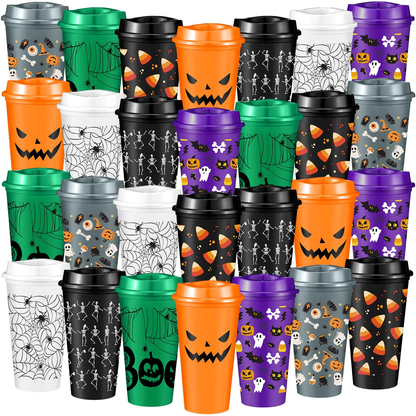 Pickmesh 28 Pack Halloween Reusable Cups Bulk, 16 oz Plastic Cup with Lids