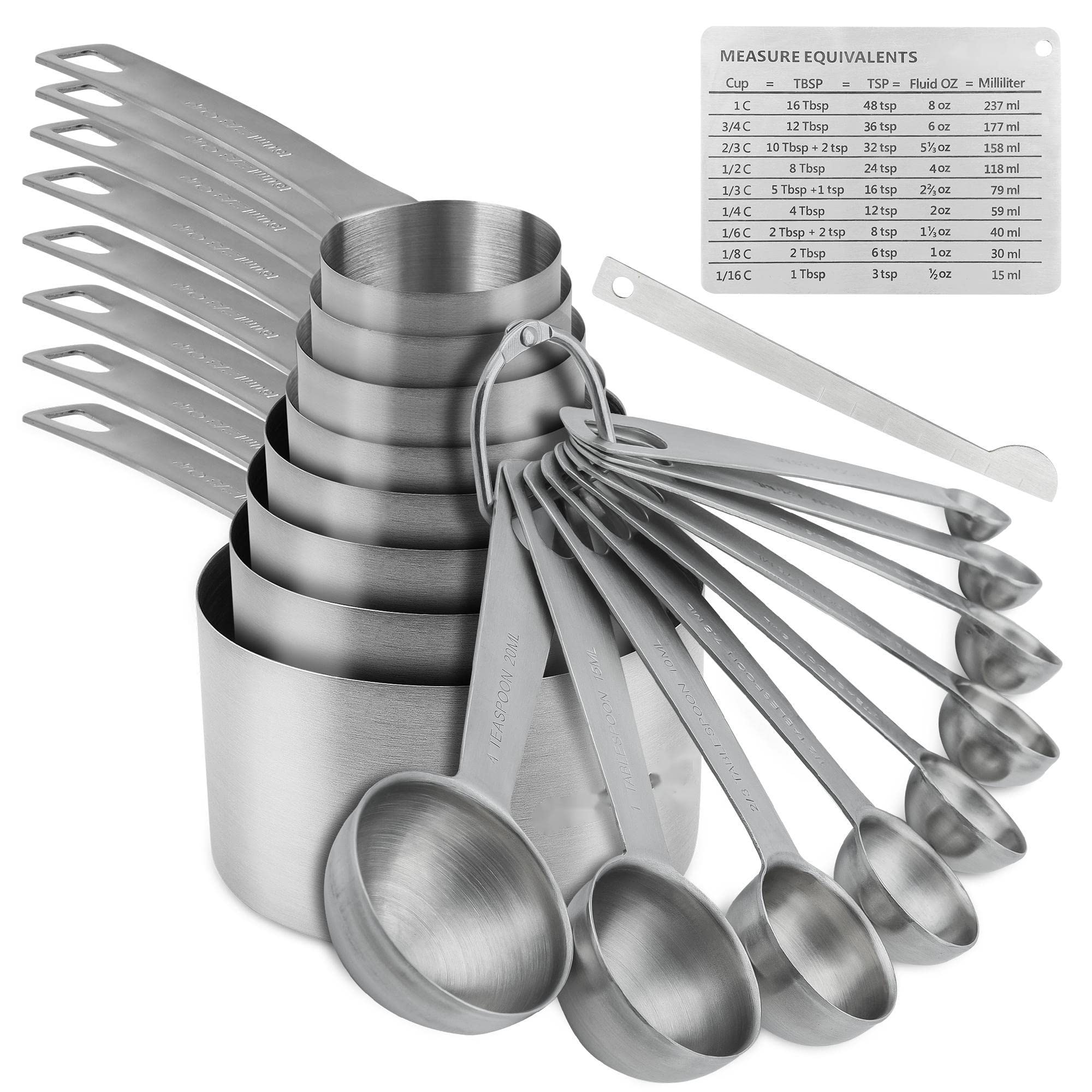 Nstezrne Measuring Cups And Spoons Set, 18/8 Stainless Steel 8 Measuring Cups And 9 Measuring Spoons With Leveler And Measuremen
