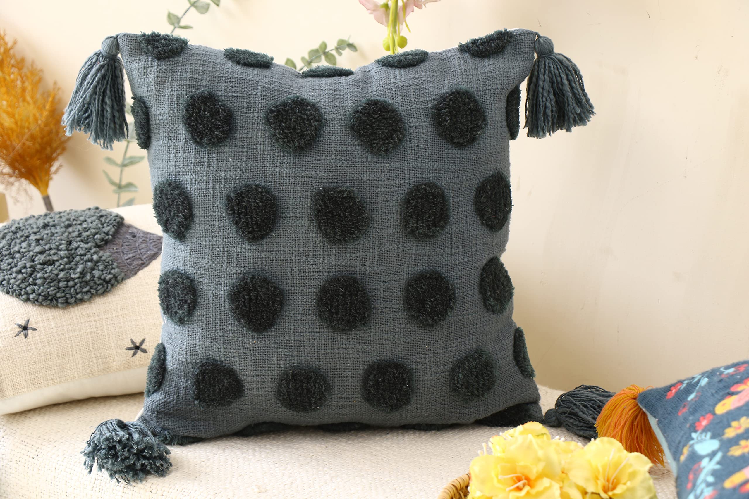 Impexart Pack Of 1 Cotton Throw Pillow Covers 16X16 Inches Decorative Farmhouse Cotton Couch Pillow Case Soft Plush Square Boho 