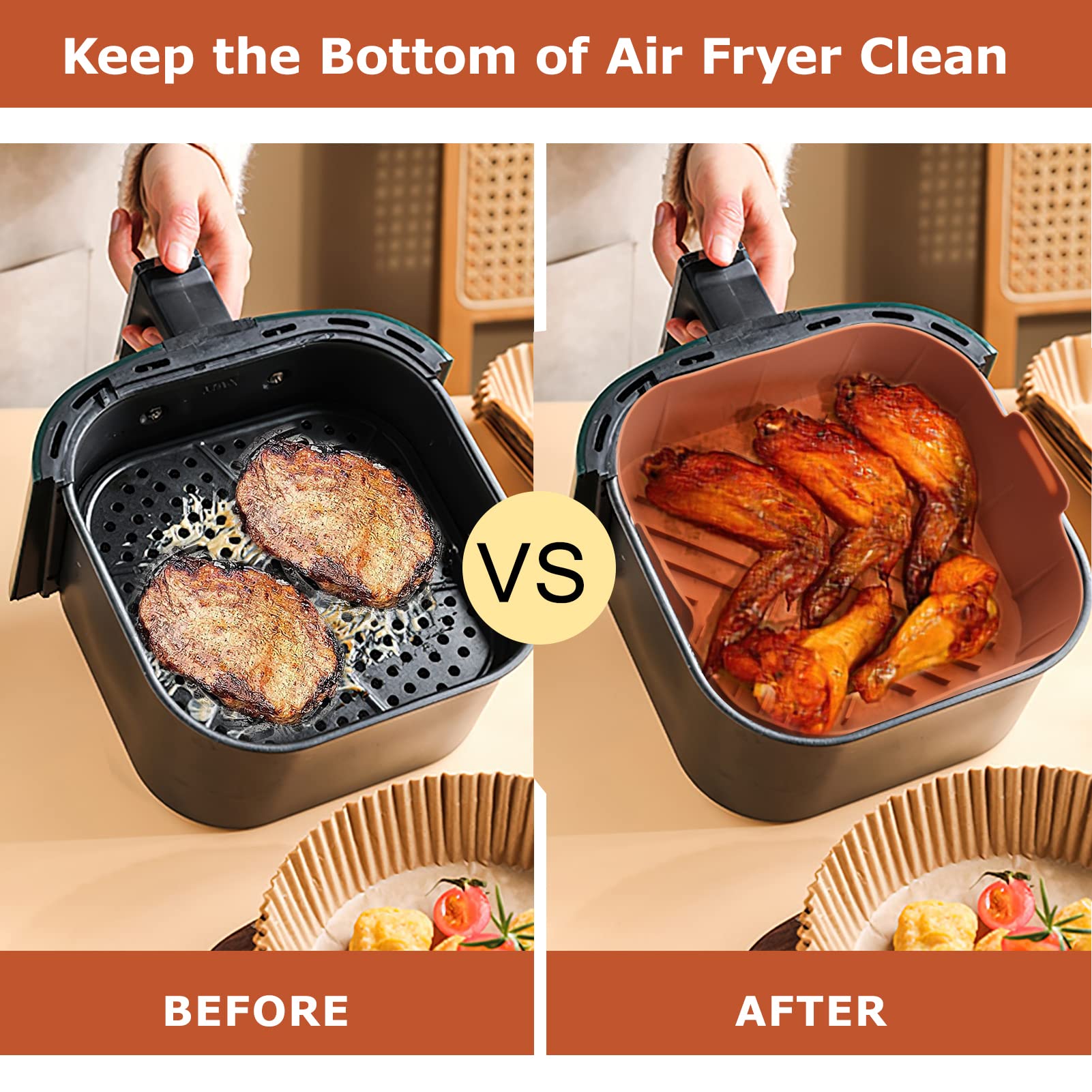 Palksky Silicone Air Fryer Basket Liners - 2Pcs Reusable Pots, 8.5 Inch Square, Food Safe Oven Accessories