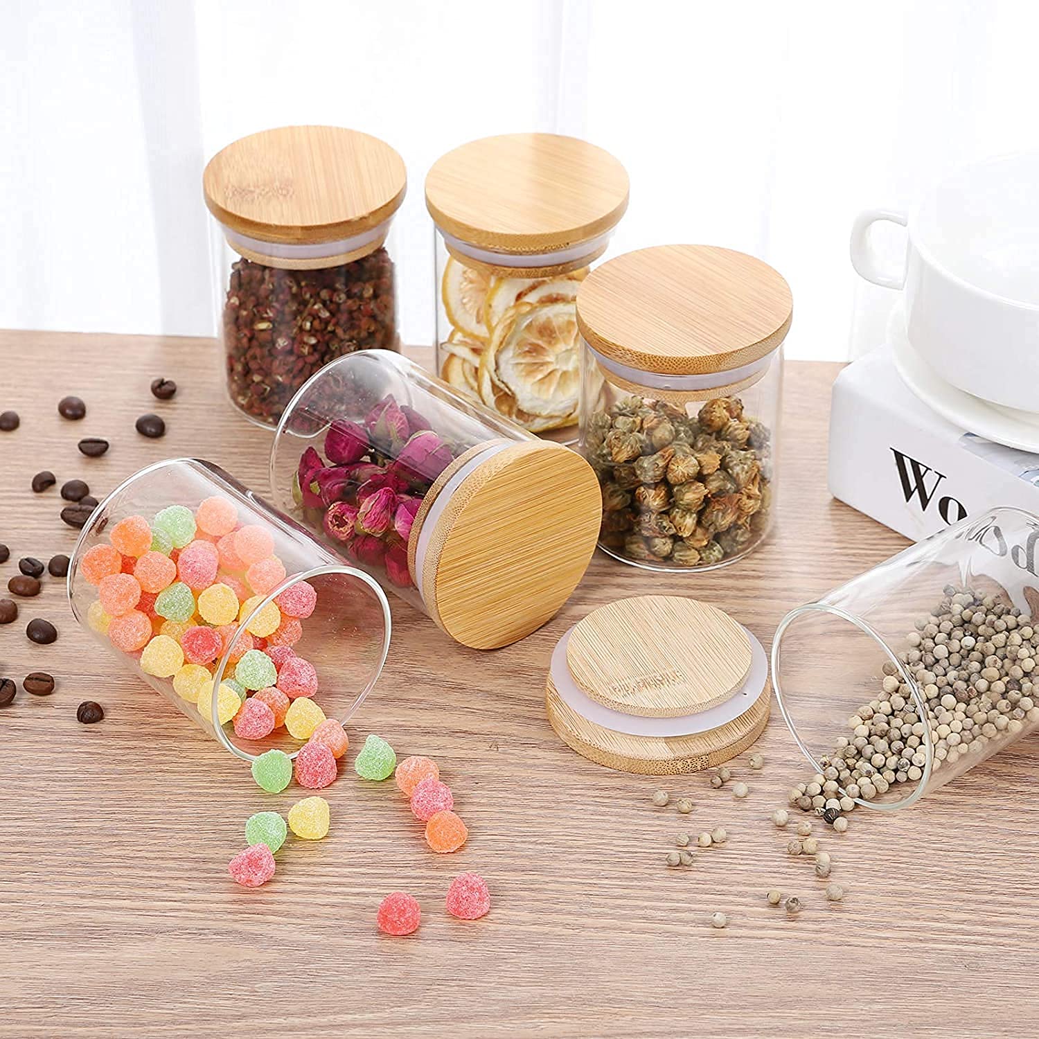 Benign Delight Borosilicate Airtight Lid Glass Jar With Wooden Lid Jar Storage Container (6, 220 Ml)