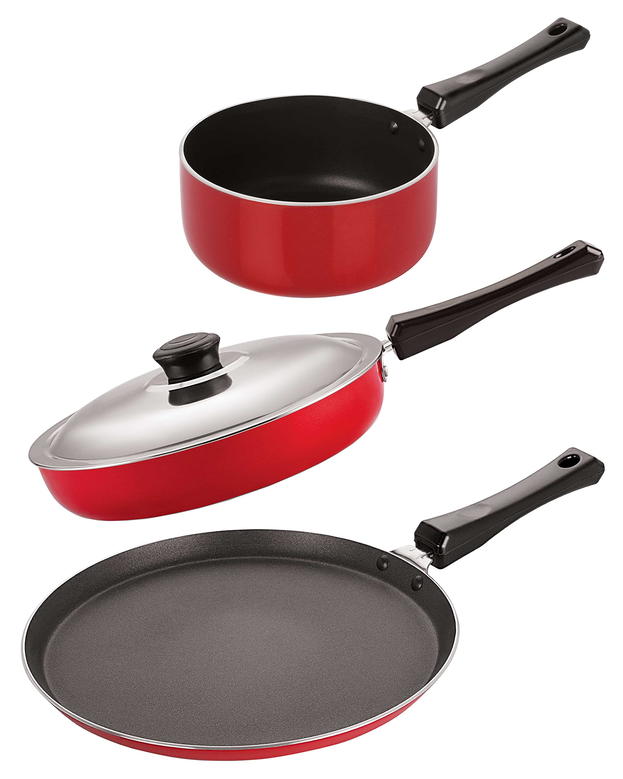 Nirlon NonStick Aluminium Cookware Set, 3Pieces, Red (2.6Mm_Ft13_Fp12_Spm)