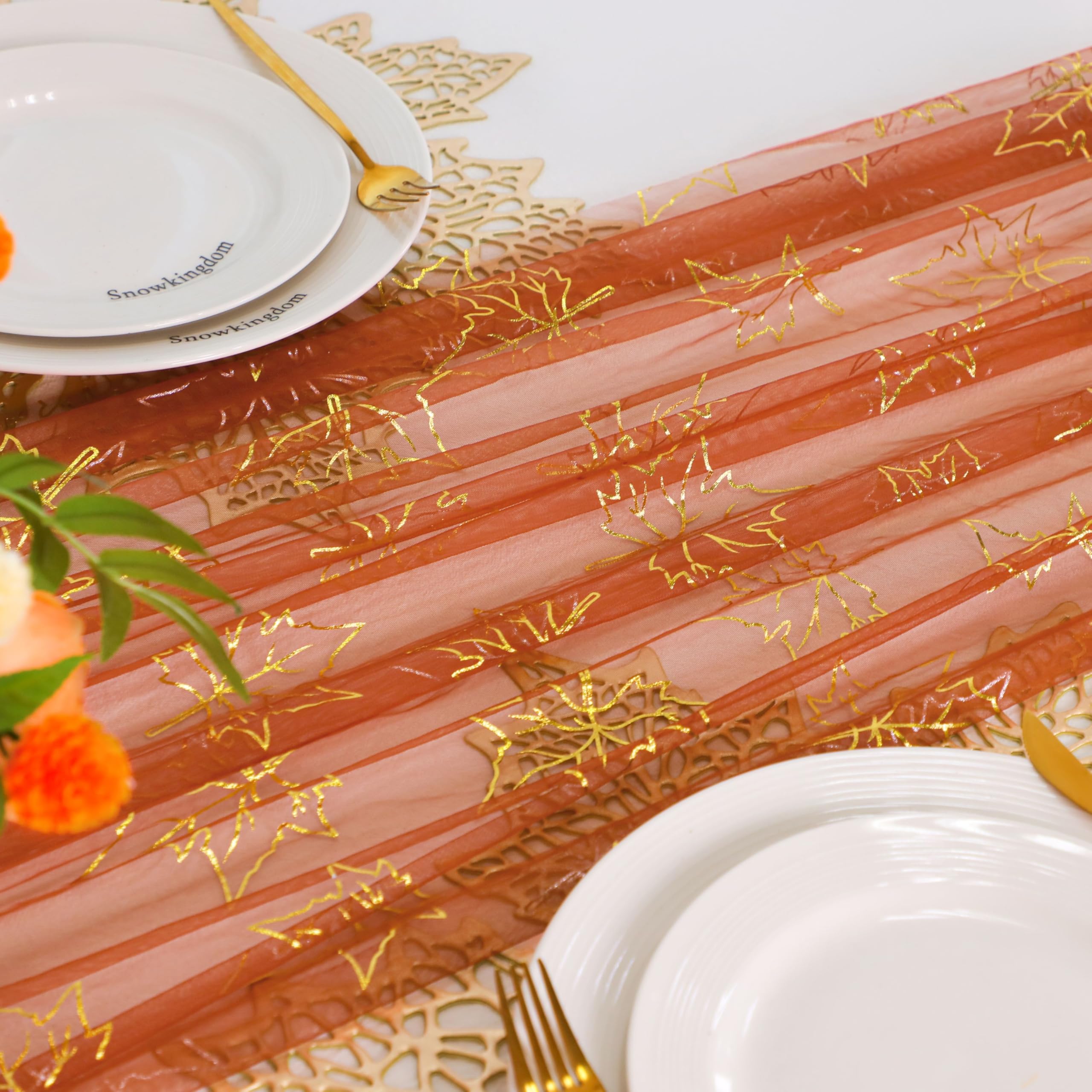 Snowkingdom Fall Thanksgiving Table Runner 10Ft, Gold Maple Leaves Burnt Orange Rust Sheer Tulle Gauze Cheesecloth, Golden Sequi