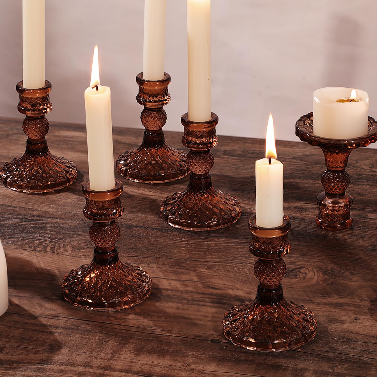 12Pcs Amber Candlestick Holders Set- 4 H Taper Candle Holders Bulk, Glass Candle Holders for Wedding, Party, Fall Dinner Table C