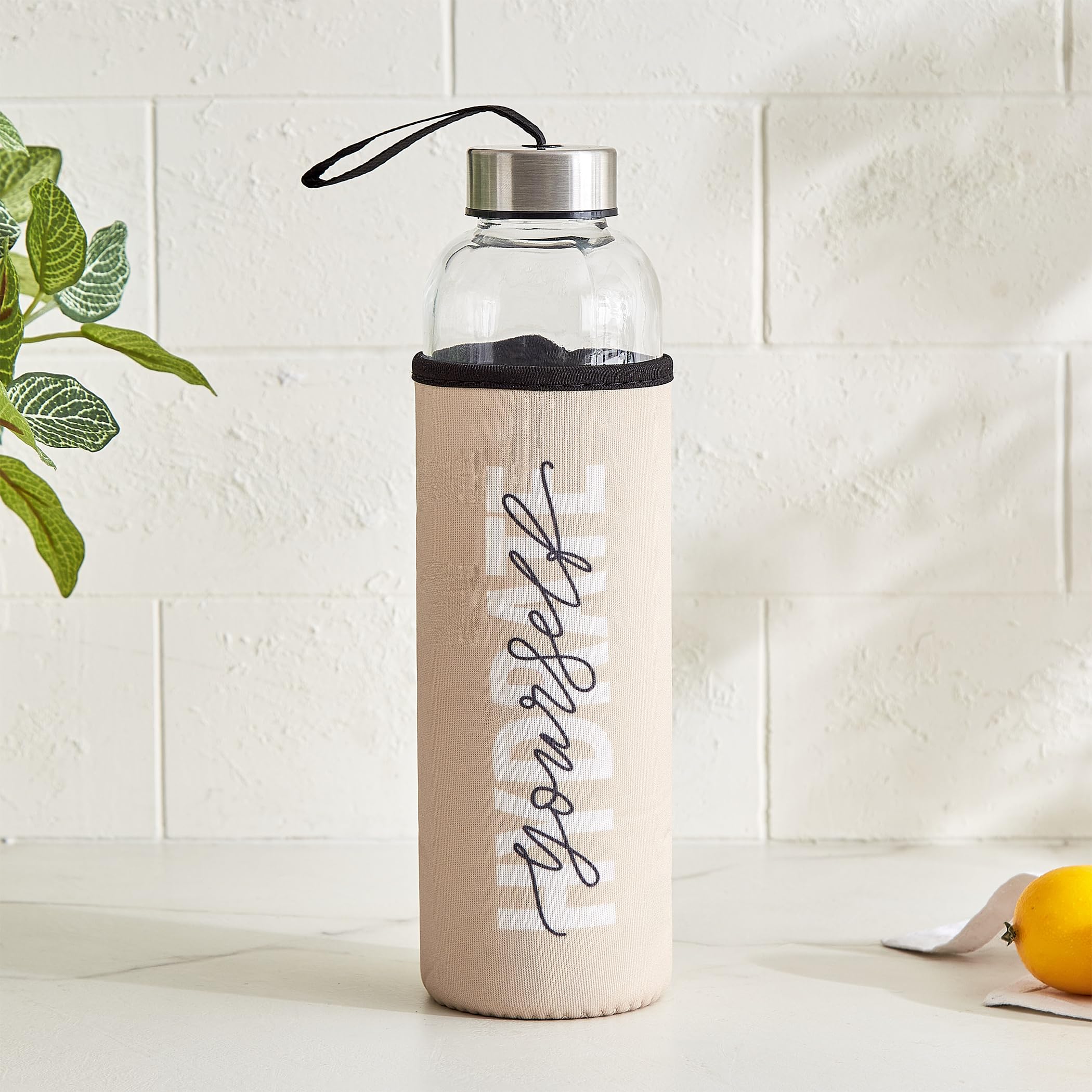 Home Centre |Favola Cadillac Glass Water Bottle With Pouch - 600Ml|Hydration|Storage And Containers|Bottles|Beige