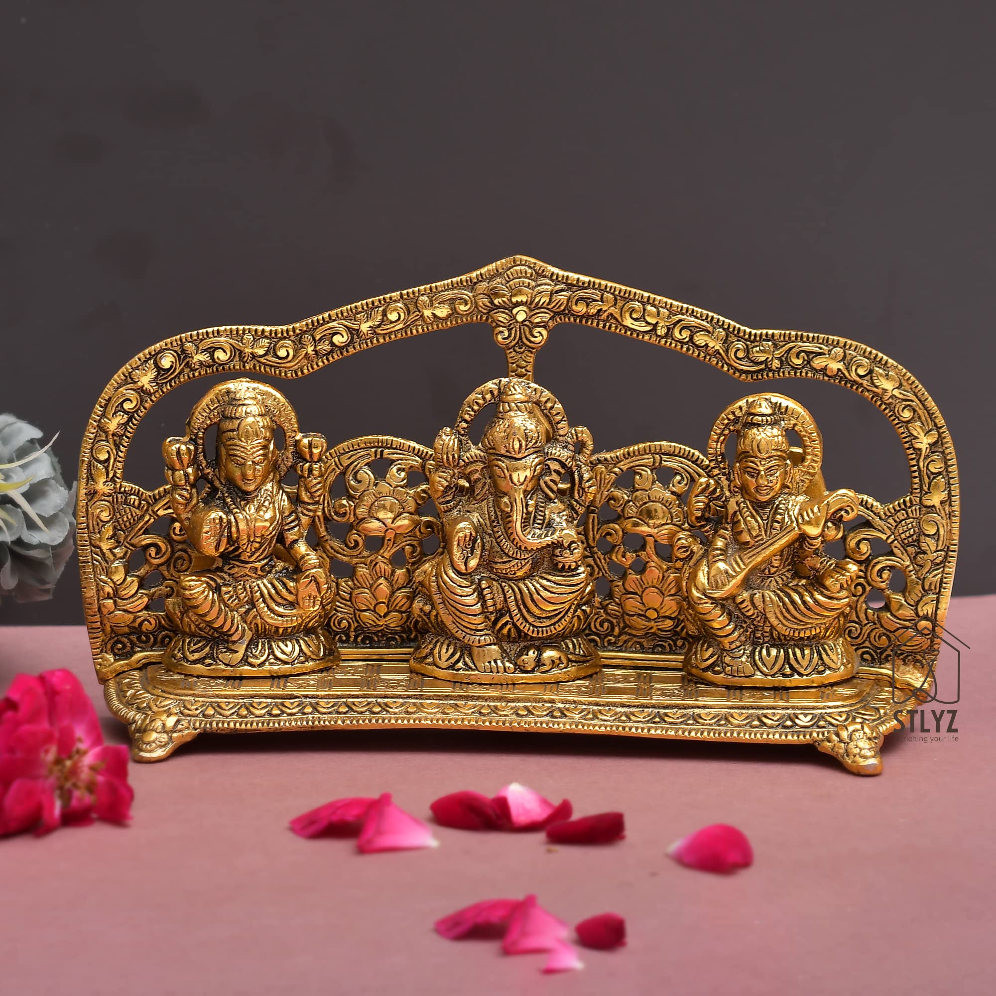 Stlyz Brass Laxmi Ganesh Saraswati Idol Statue Showpiece For Home Decor, Decorative Ganpati Laxmi Saraswati Ji Statue Murti Figu