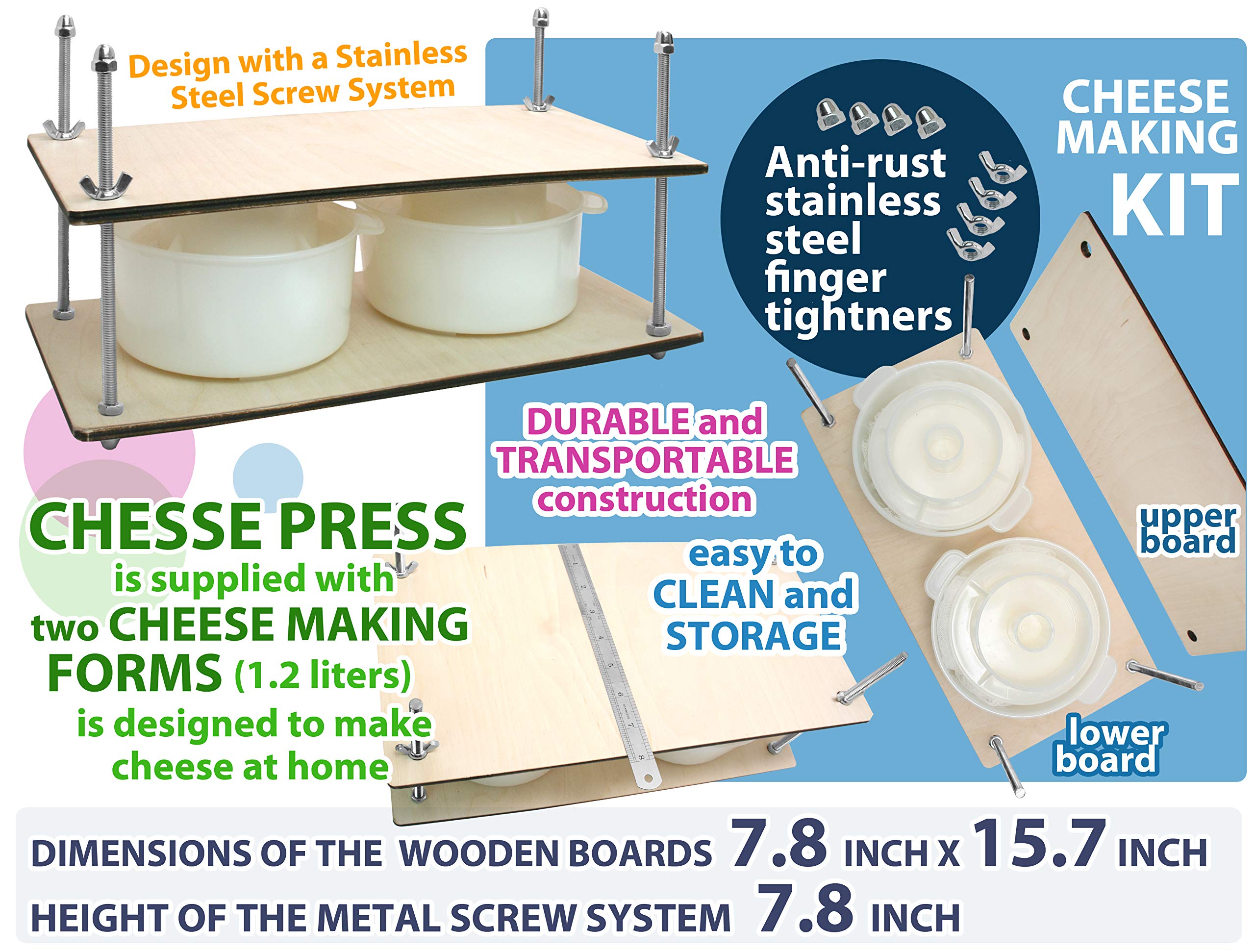 Wooden Cheese Press for Cheese Making Supplies 16in Metal Guides and 2 pcs Cheese Mold with Follower Piston 1.3Qt - large Home Supply Ultimate Cheese Press Machine - Prensa Para Queso Casero