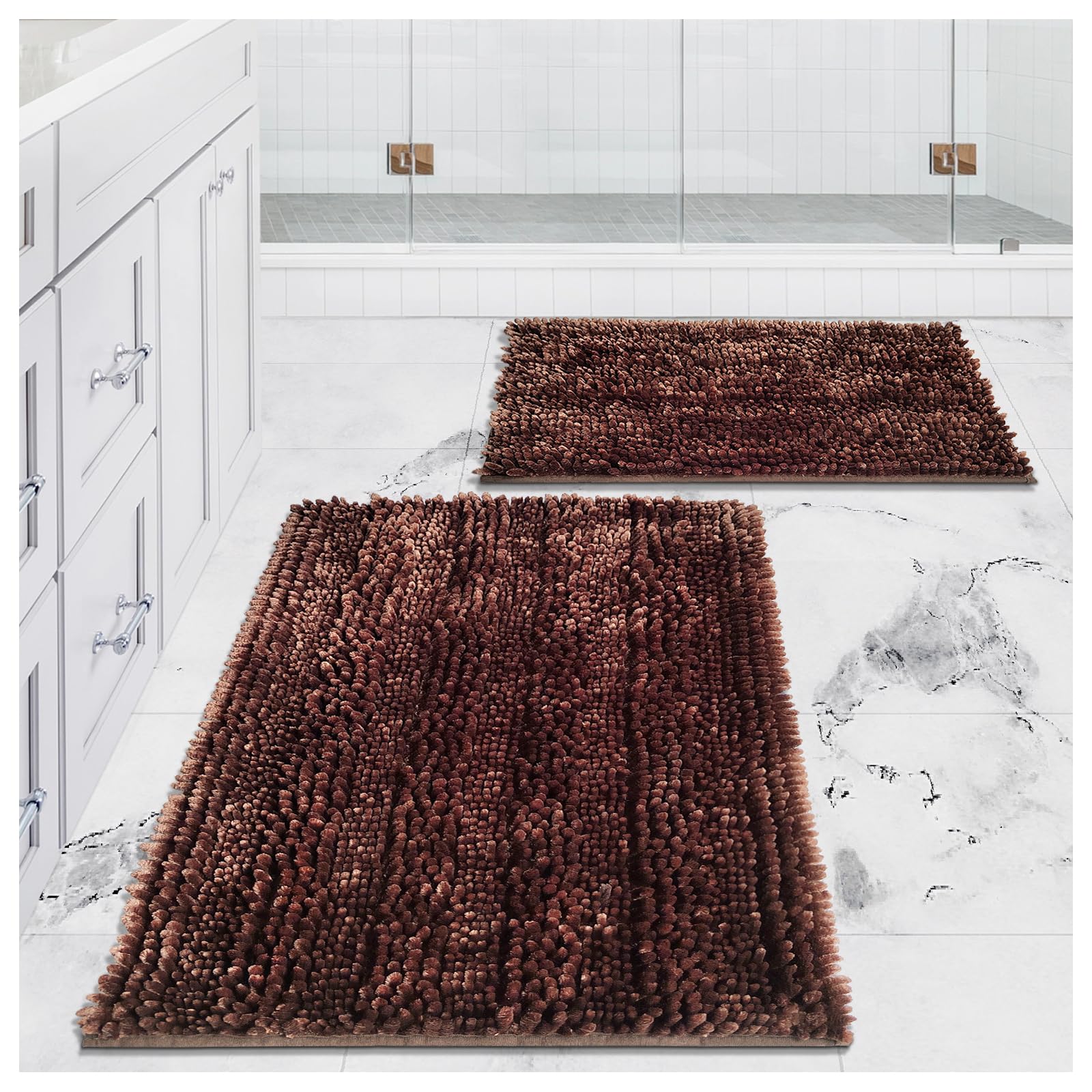 Civkor Brown Bathroom Rugs,Bath Mats For Bathroom Non Slip Washable,31X20 Plus 24X16 Inch Bathroom Rug Set 2 Piece, Easy Care An