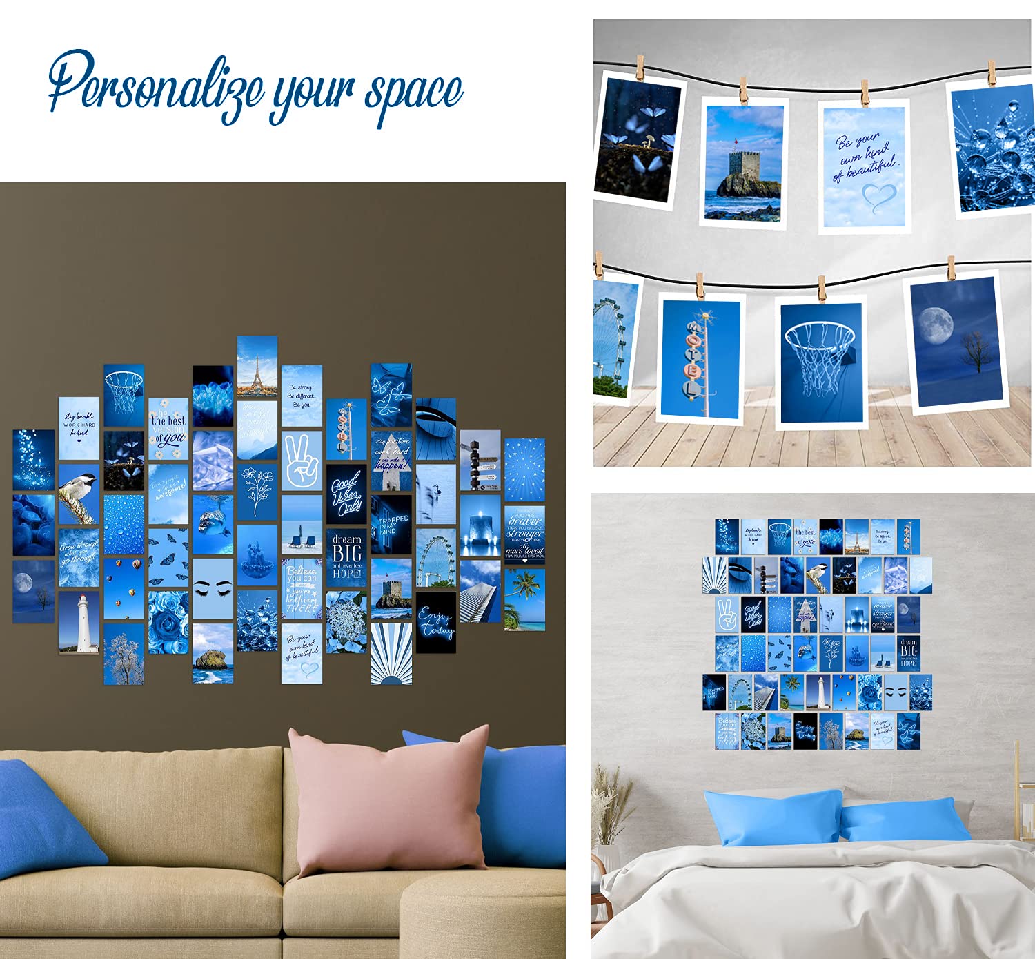 WOONKIT Blue Wall Collage Kit Aesthetic Pictures  Room Decor for Teen Girls  Blue Wall Room Bedroom Dorm Decor  Blue Wall Posters Prints  Photo Collage Kit  Trendy Teen  50pcs 4x6 inch