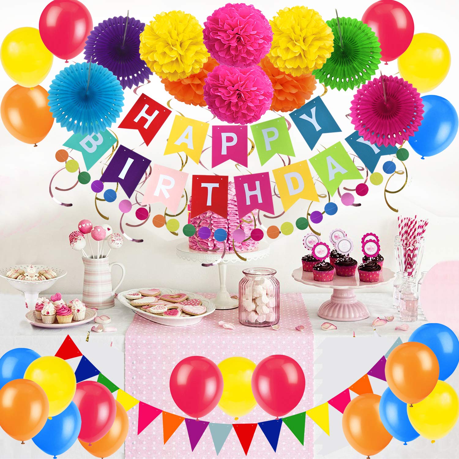 ZERODECO Birthday Decoration Set  Happy Birthday Banner Bunting with 4 Paper Fans Tissue 6 Paper Pom Poms Flower 10 Hanging Swirl and 20 Balloon for Birthday Party Decorations - Multicoloured