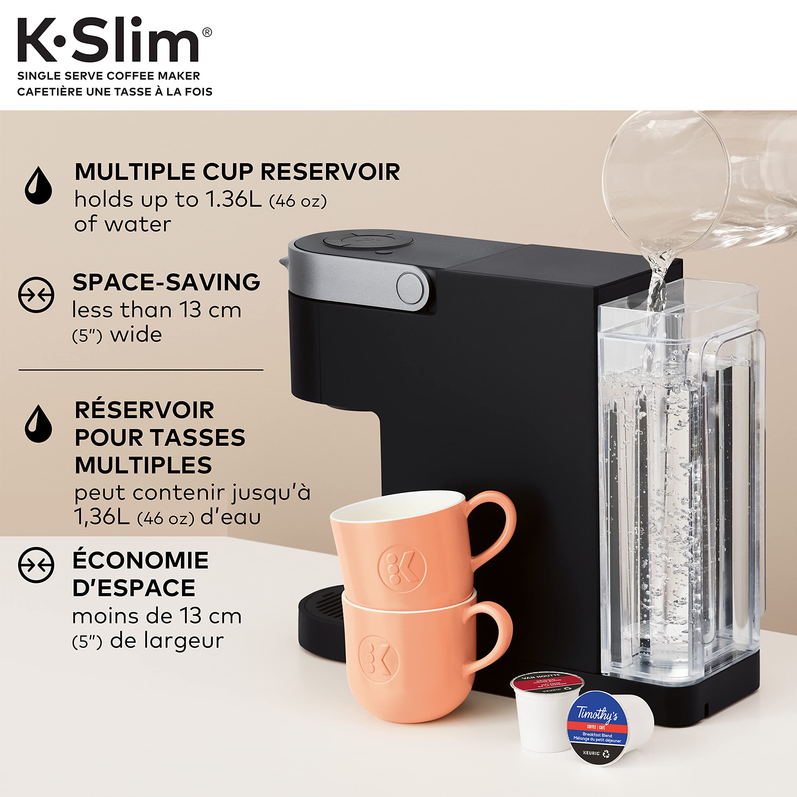 Keurig K-Slim Single Serve Coffee Maker - Black, Compact 18.625"x7"x14.875" Design, Model 062151515161