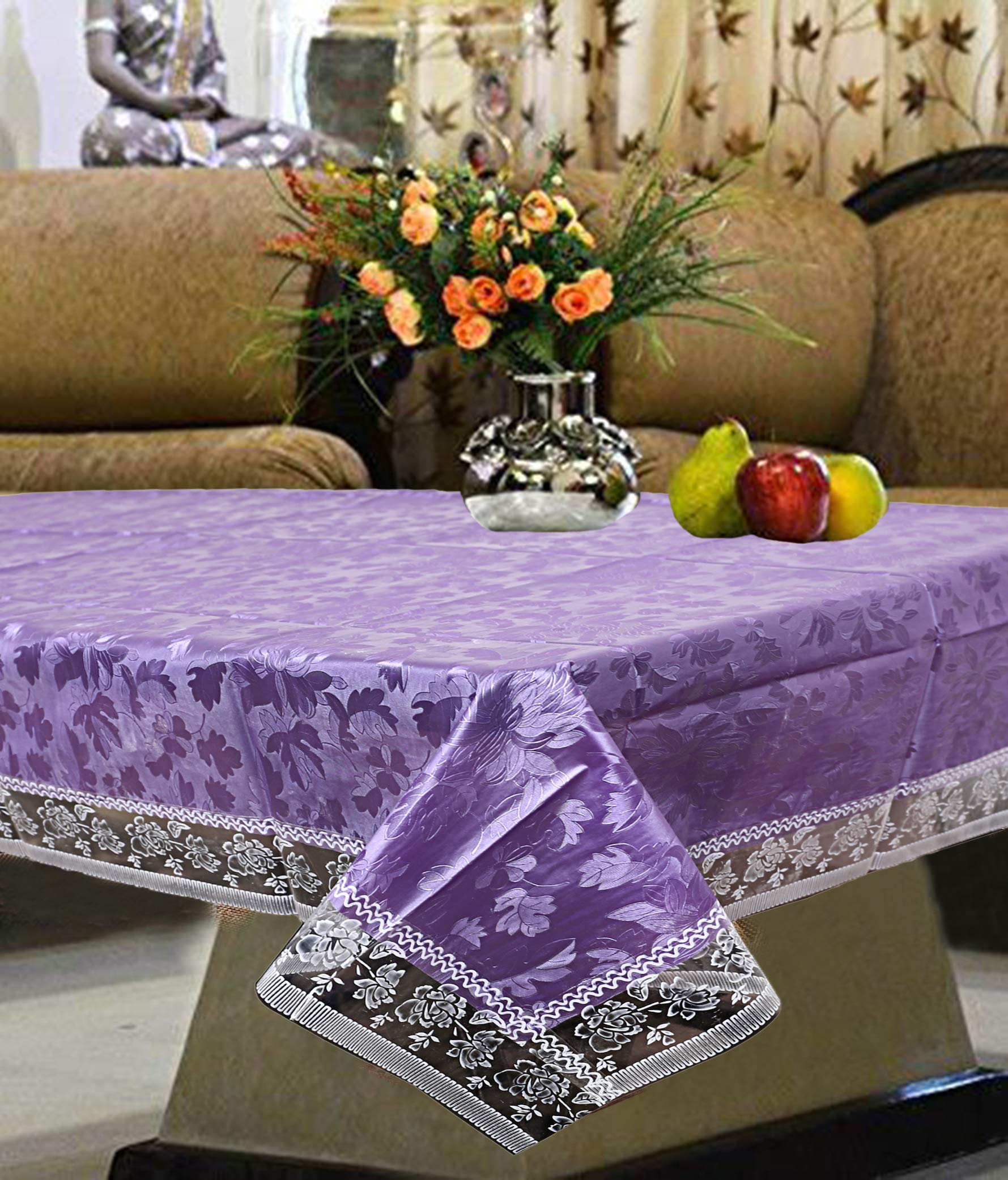 Kuber Industries Floral Design Pvc 4 Seater Center Table Cover - Purple