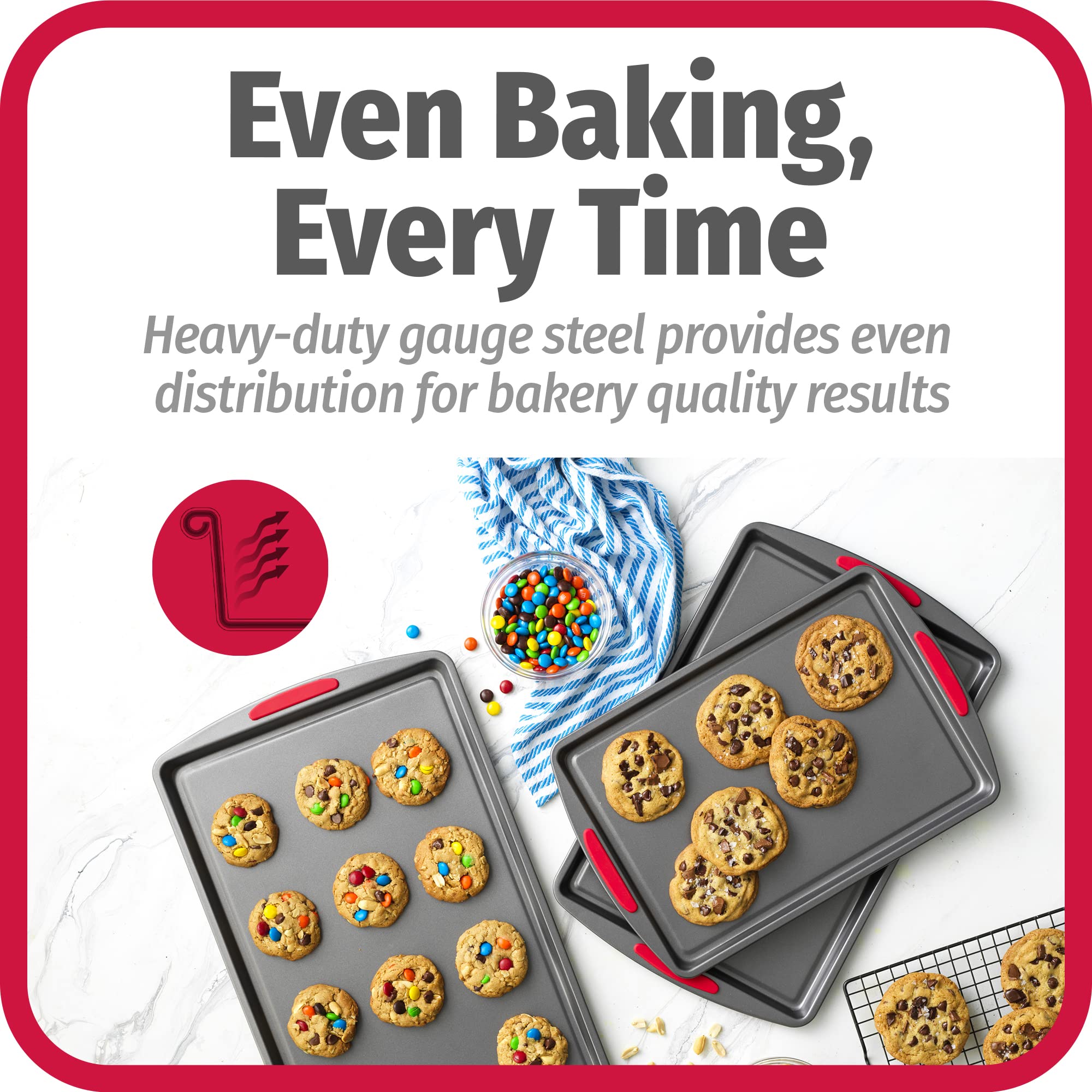 GoodCook Nonstick Steel Cookie Sheet Set, 3-Piece Assorted, Gray with Silicone Grip Handles, Model 04551