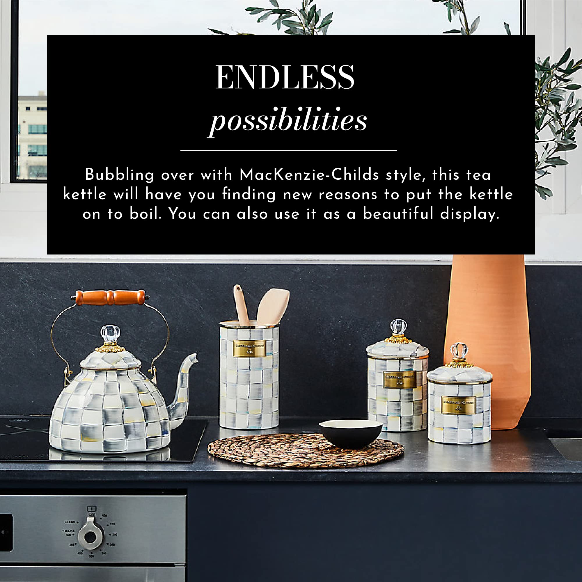 Mackenzie-Childs Sterling Check Enamel Tea Kettle, Decorative Tea Kettle, 2-Quart Capacity