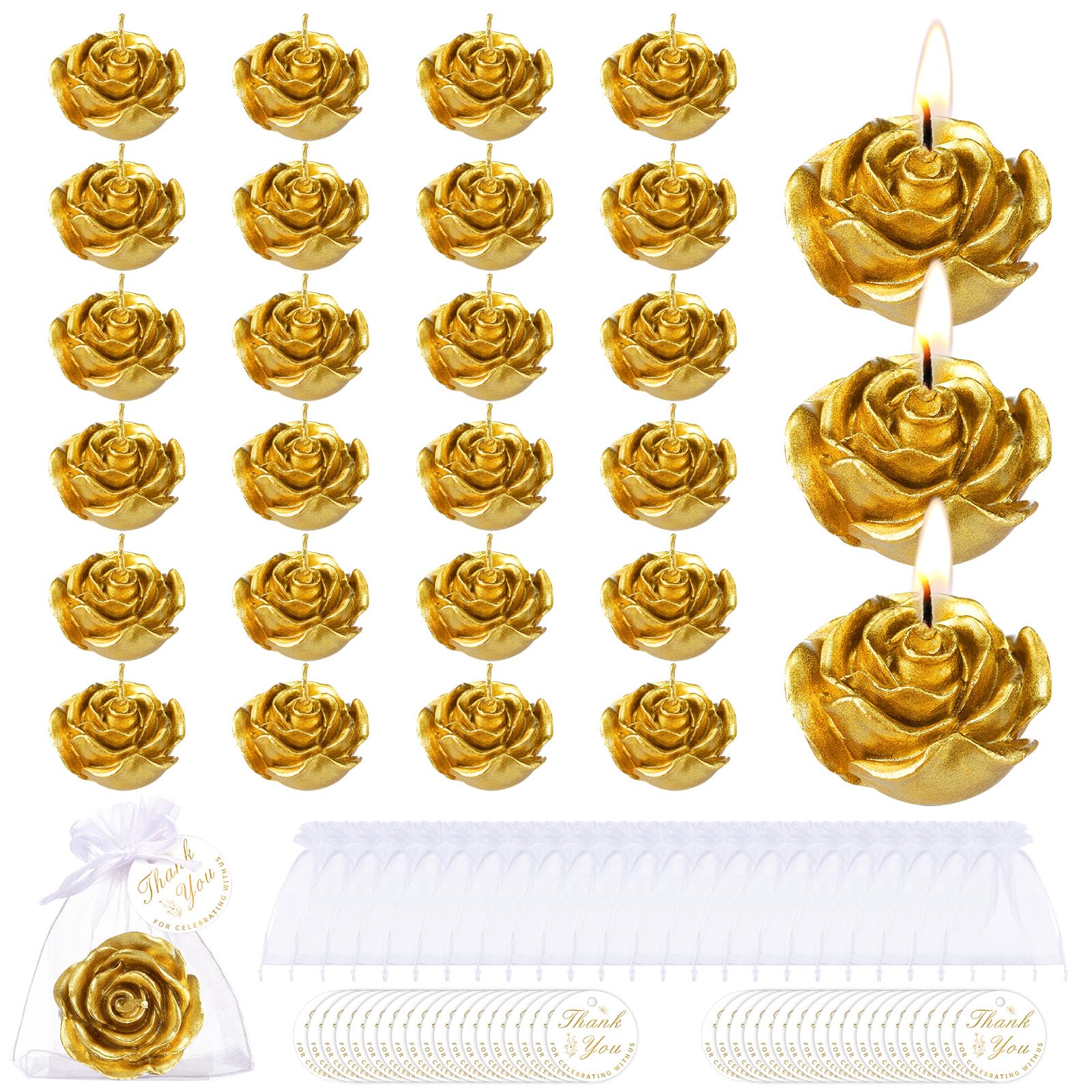 Treela 24 Set Flower Candles Wedding Favor for Guests Mini Gold Rose Shaped Tealight Candles for Return Gift Wedding Birthday Br