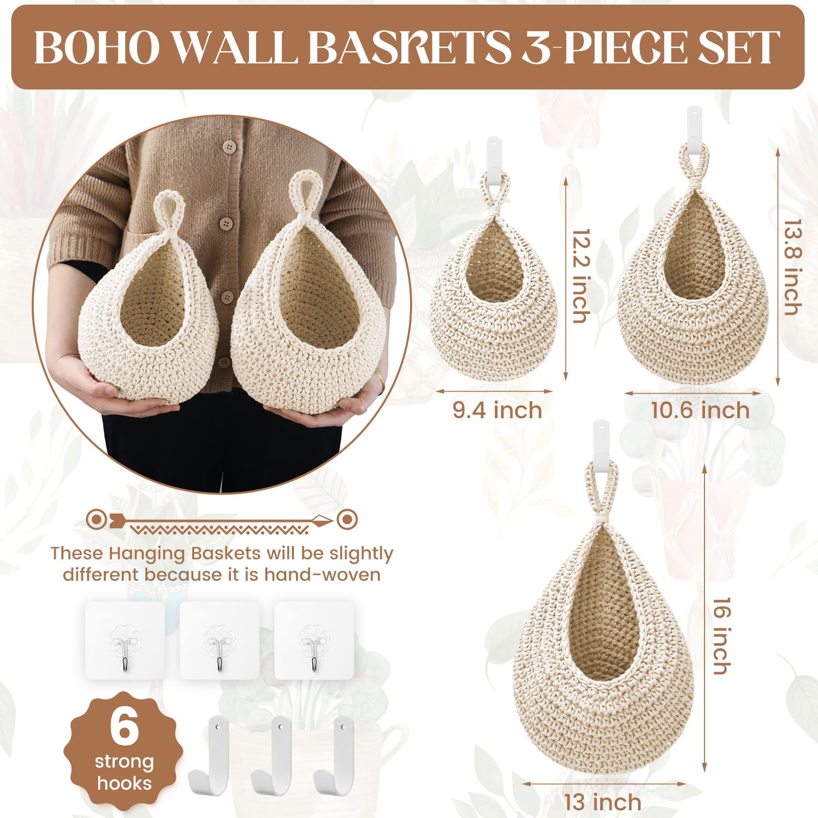 Hanging Fruit Baskets For Kitchen - 3 Pack Boho Wall Hanging Basket With 6 Pcs Strong Hooks, Handwoven Hanging Holder Teardrop H