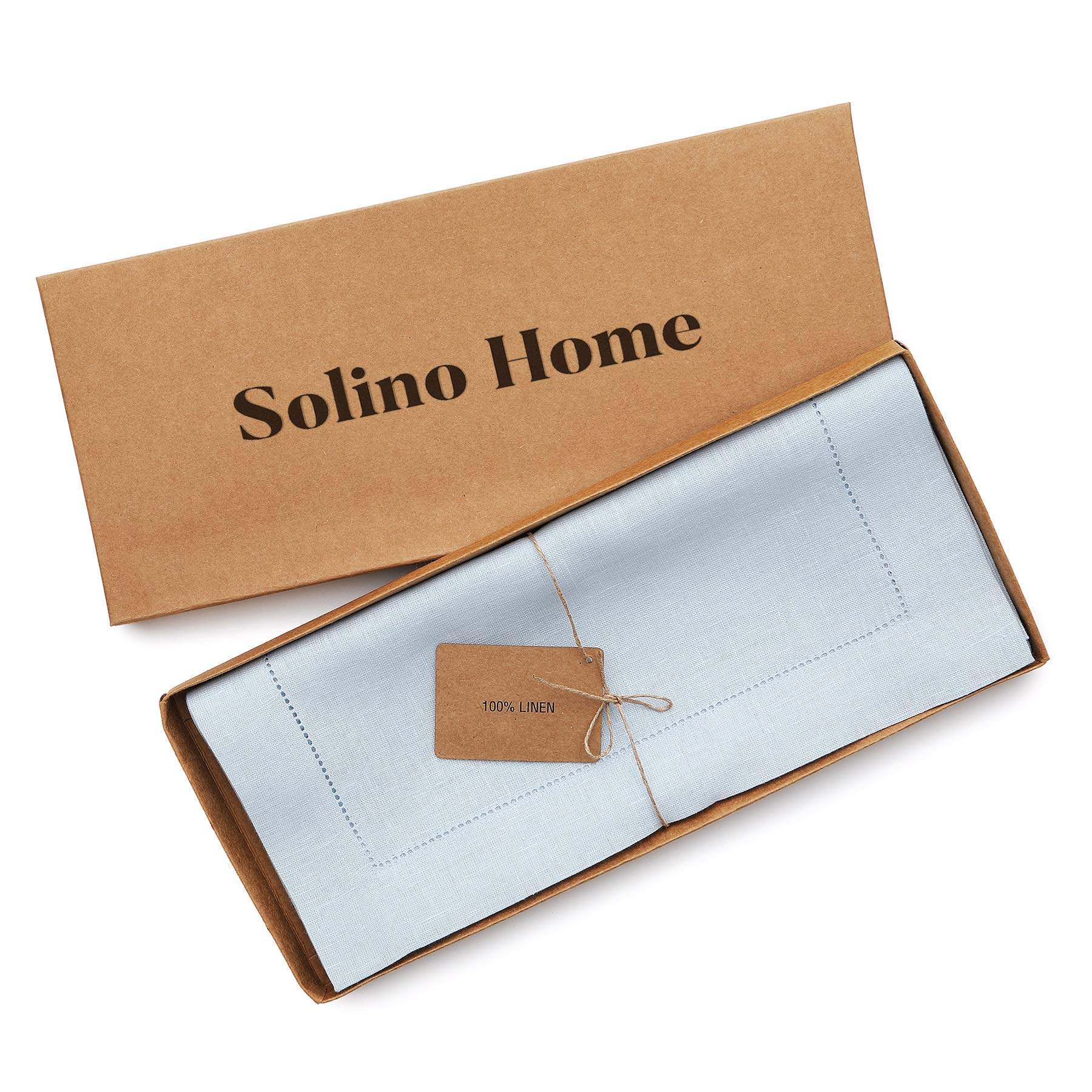 Solino Home Linen Light Blue Table Runner 144 Inches Long - 100% Pure Linen Classic Hemstitch Dining Table Runner 14 X 144 Inch