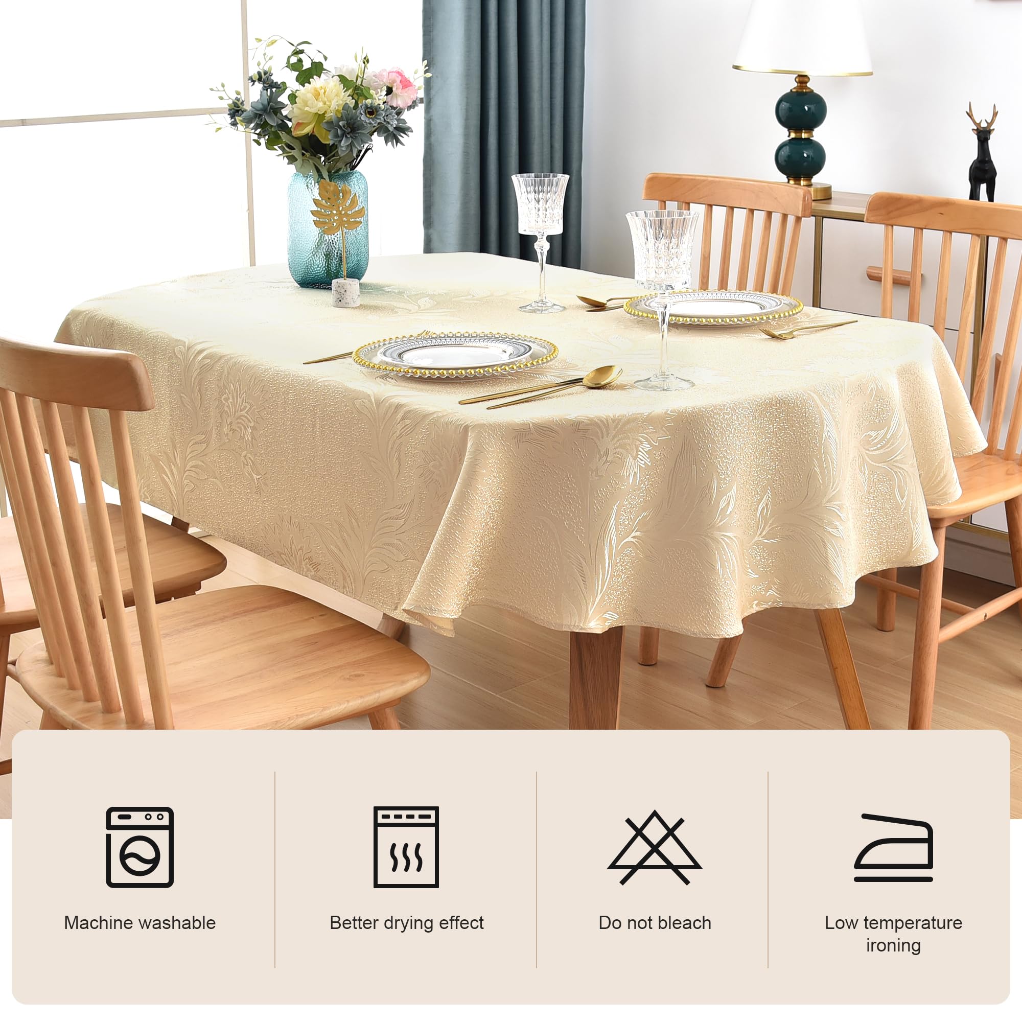 Wolkemer Shiny Oval Jacquard Tablecloth 60 X 102 Inch Beige Floral Countryside Leaves Damask Patterns Table Cloth Glossy Fabric