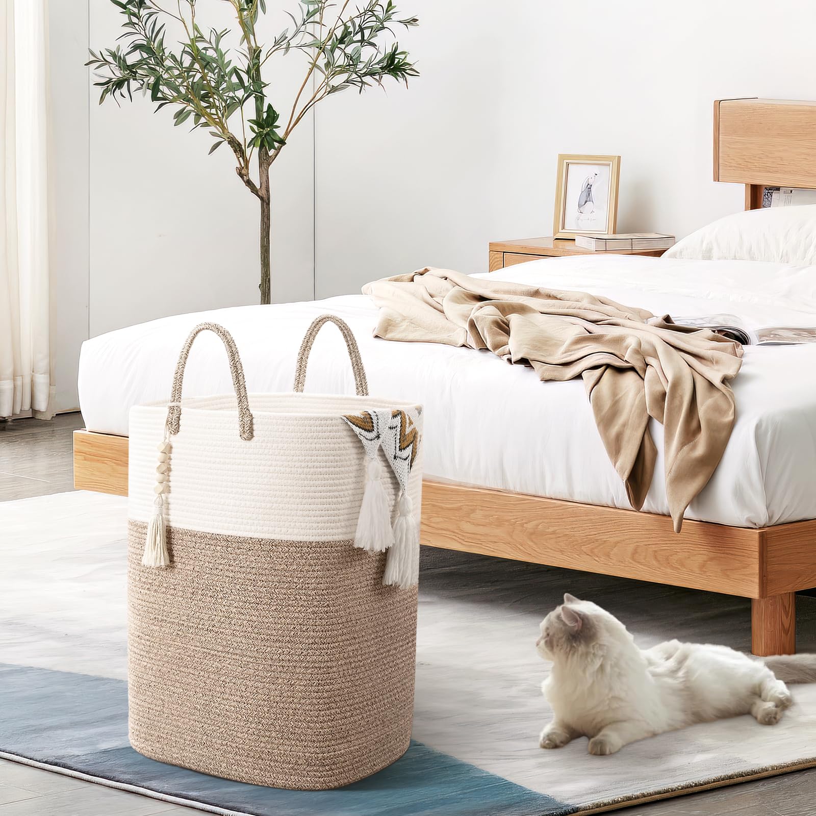 Woven Laundry Basket For Clothes, 65L Large Rectangle Laundry Hampers With Beads Tassel, Nursery Storage Basket For Toys, Tall D