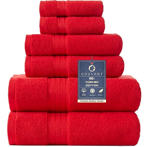 COZYART Red Bath Towels Set for Bathroom Soft Absorbent Durable 650 GSM Turkish Cotton Towel Set of 6  2 Large Bath Towels  2 Hand Towels  2 Washclothes