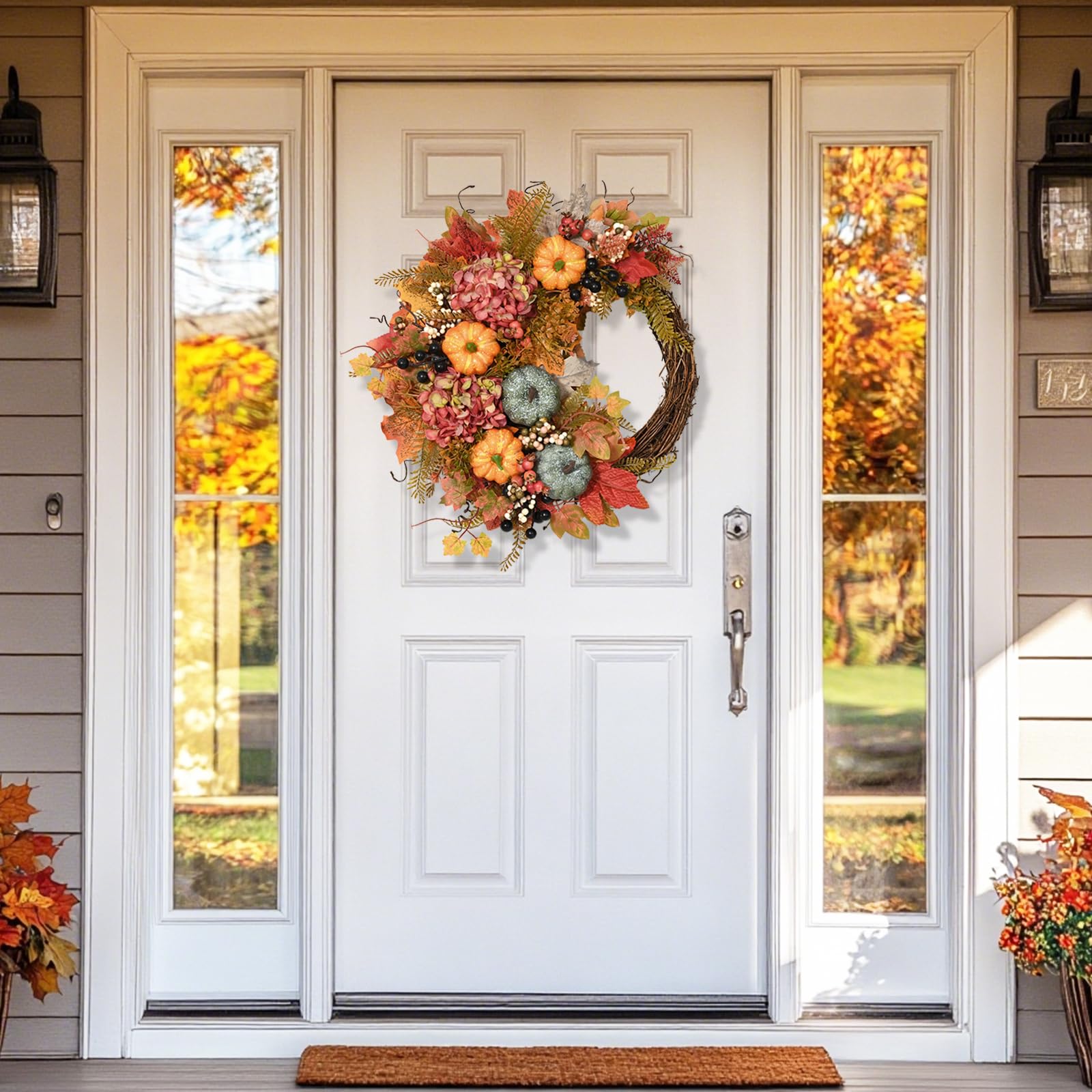 20 Inch Fall Wreaths for Front Door - Half-Circle Autumn Wreath, Porch Wall Window Home Decor - Thanksgiving Farmhouse Style