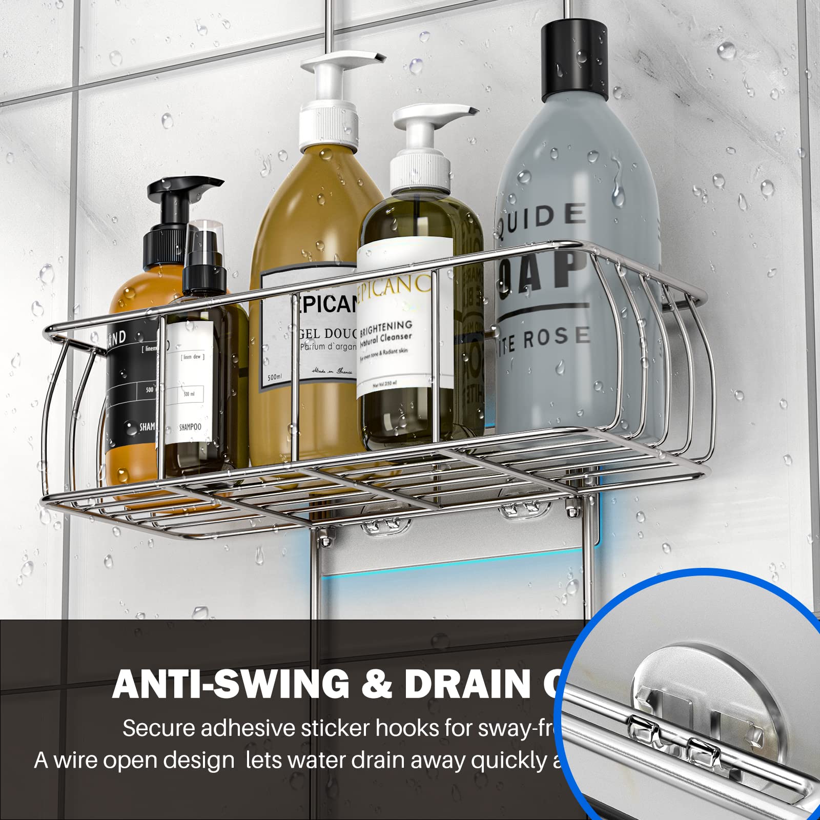 Epicano Anti-Swing Hanging Shower Caddy Stainless Steel 304, Over Head Shower Caddy Rustproof With Hooks For Towels, Sponge And