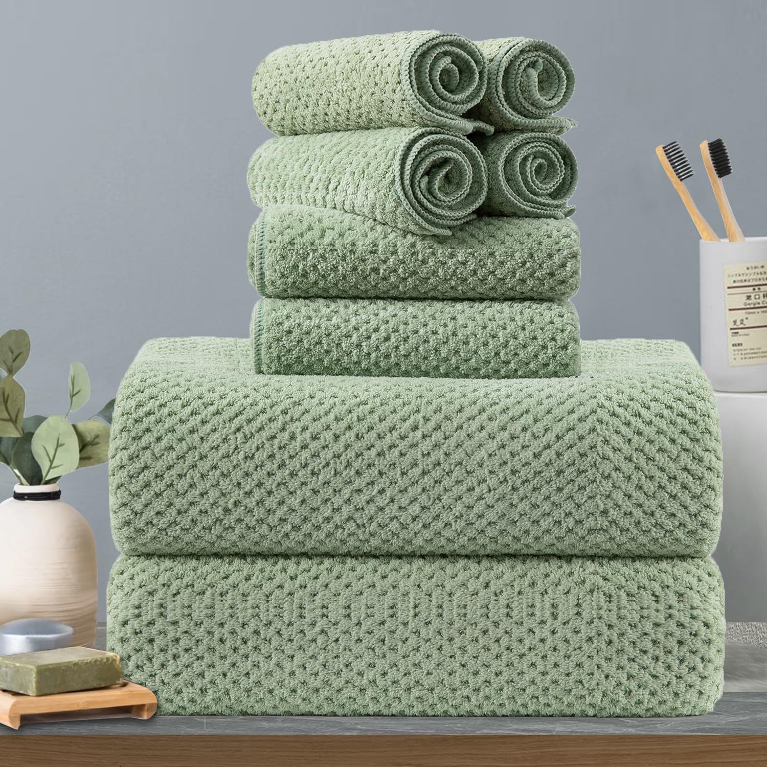 8-Piece Green Bath Towels Set,2 Oversized Large Bath Towels Sheet,2 Hand Towels And 4 Washcloths - 600 Gsm Soft Luxury Towel Set