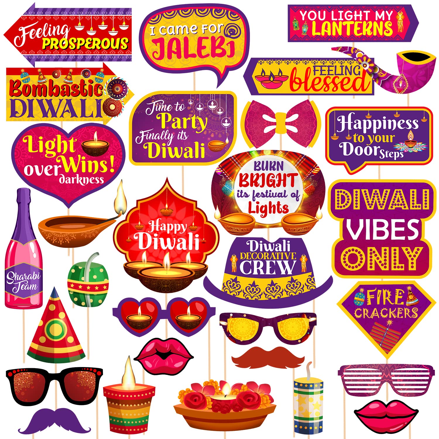 Zyozique  Happy Diwali Party Photo Booth Props  Photo Booth Props Kit for Home, Diwali Decorations (Pack of 30)
