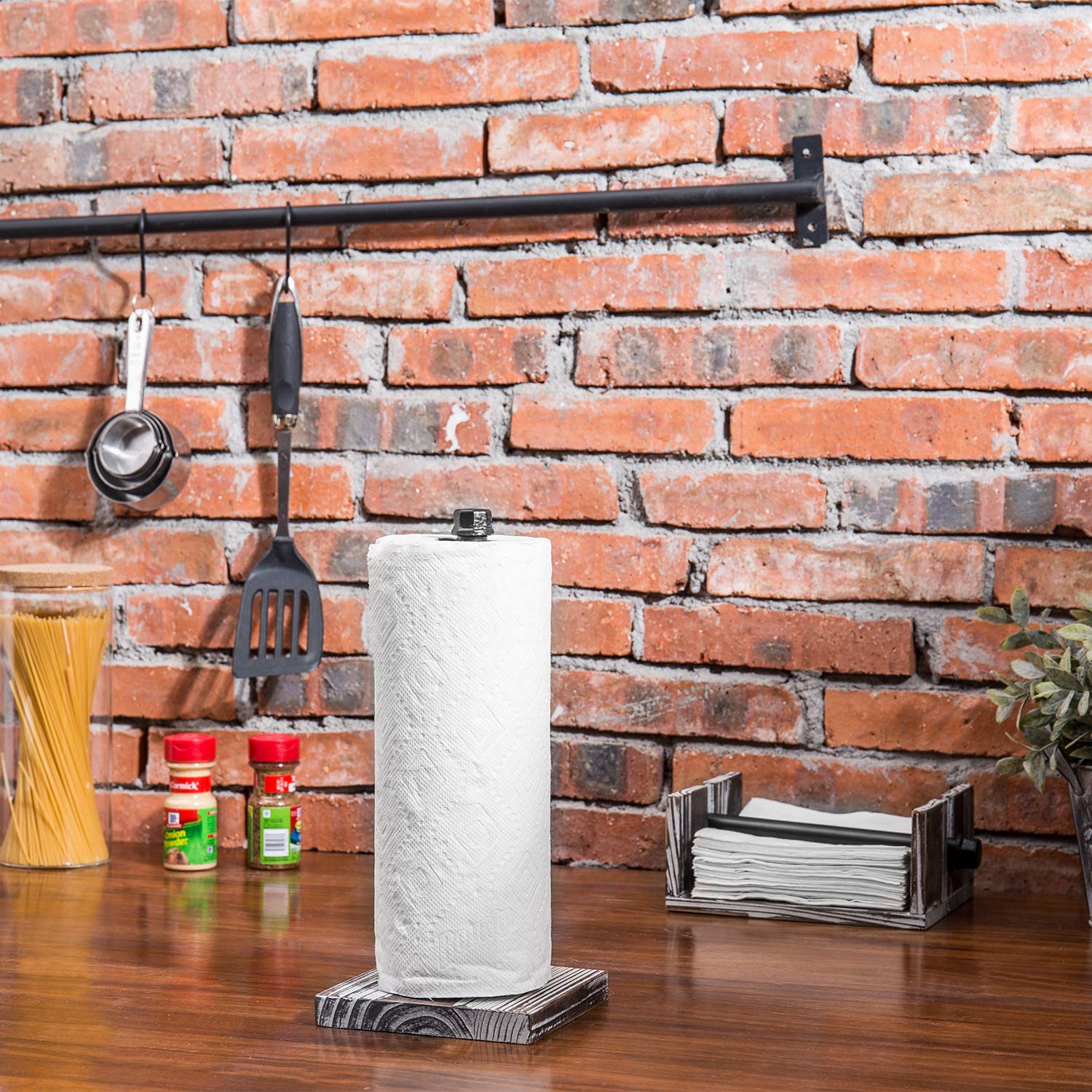 Mygift Torched Wood And Industrial Metal Paper Towel And Napkin Holder Set, Countertop Paper Towel Holder And Flat Napkin Holder
