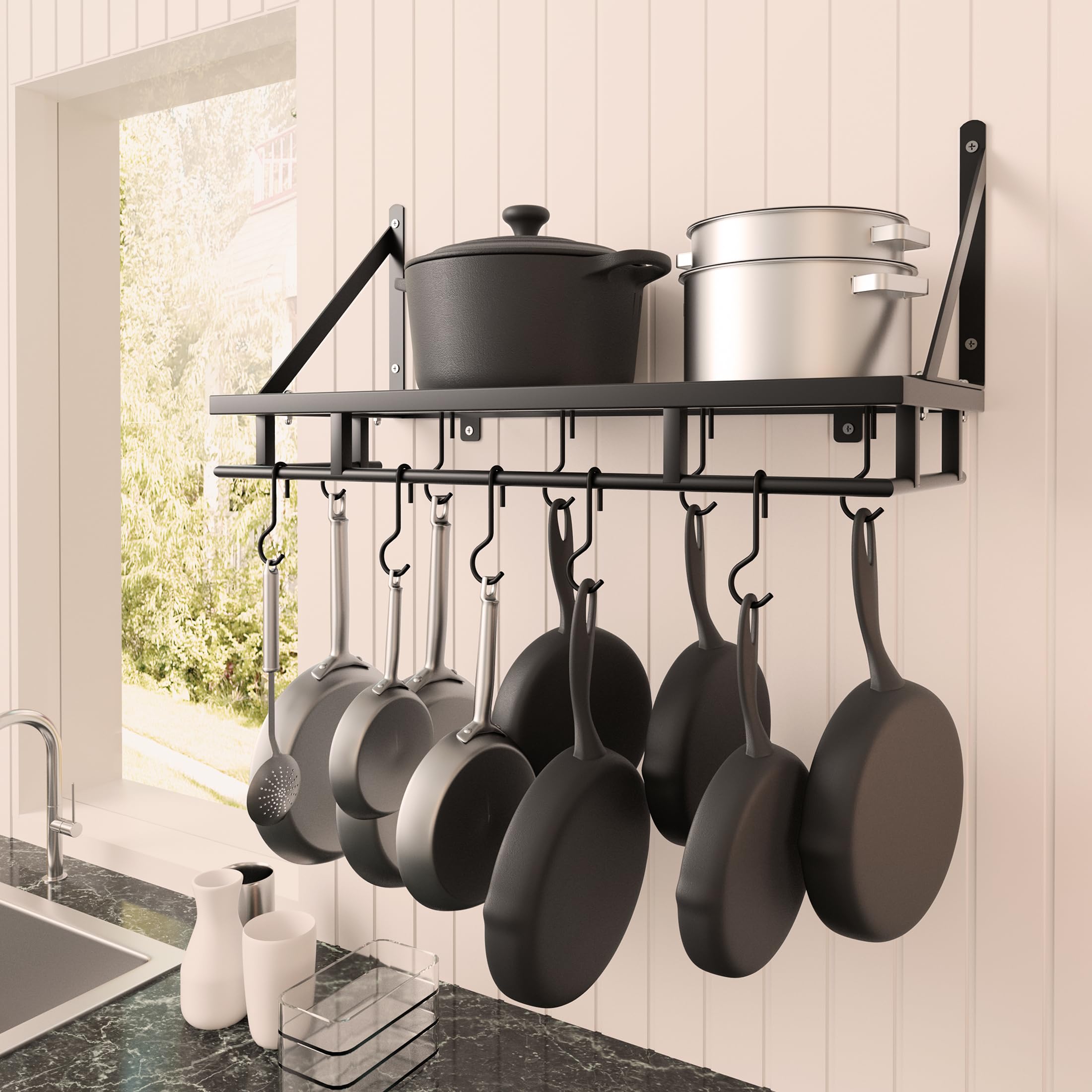 Kes 24 Inch Kitchen Pot Pan Rack Wall Mounted Hanging Storage Organizer Wall Shelf With Hooks Matte Black, Kur215S60-Bk