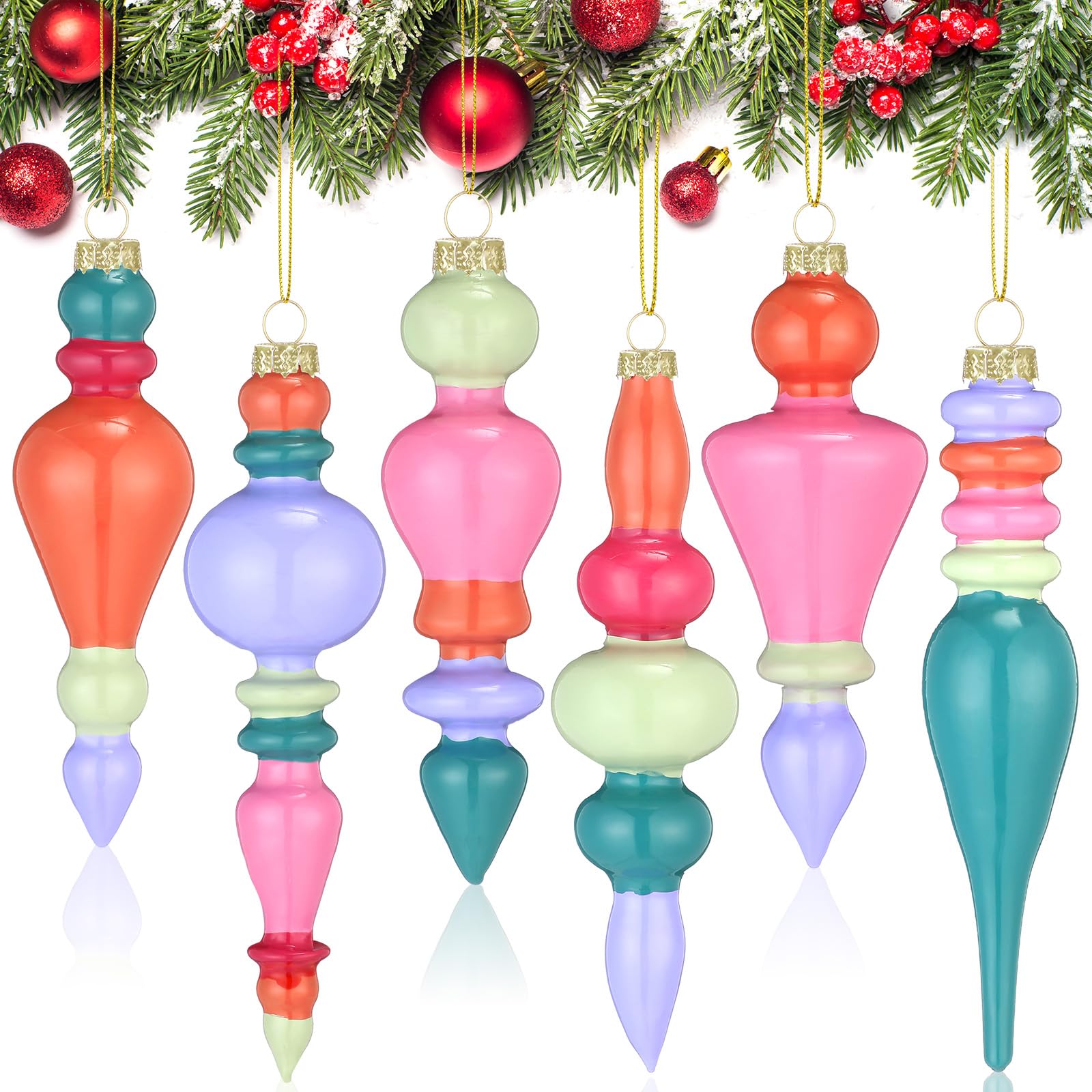 Soaoo 6 Pcs 6.3 Inch Pastel Color Mercury Glass Finial Christmas Ornaments Hanging Christmas Finials Glass Ornaments Assorted Me