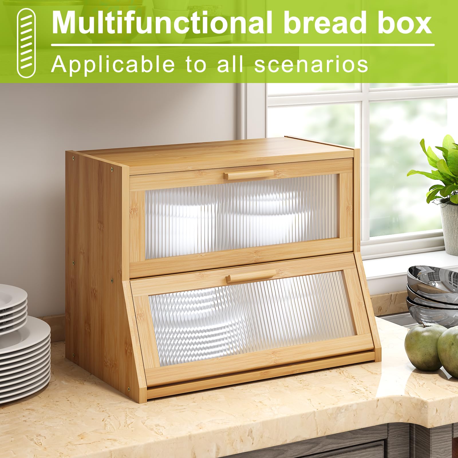 Large Bread Box Double Layer Bamboo Bread Box For Kitchen Counter Container Farmhouse Bread Box Bread Holder Capacity Bread Stor