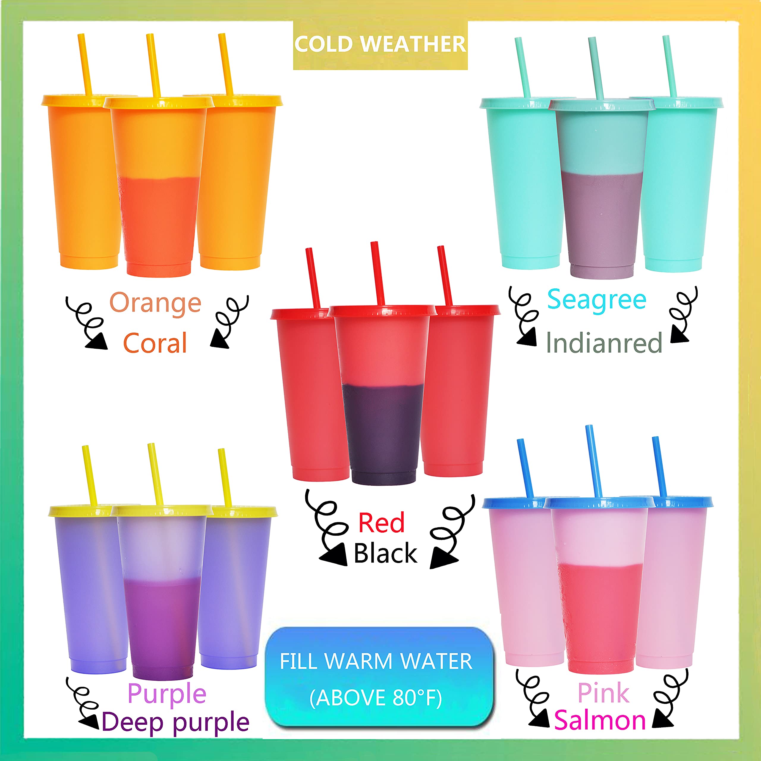 Color Changing Cups Set Cooler 24Oz Reusable Plastic Cold Drink Cups With Lids And Straws For Adults -With Lids And Straws In Br