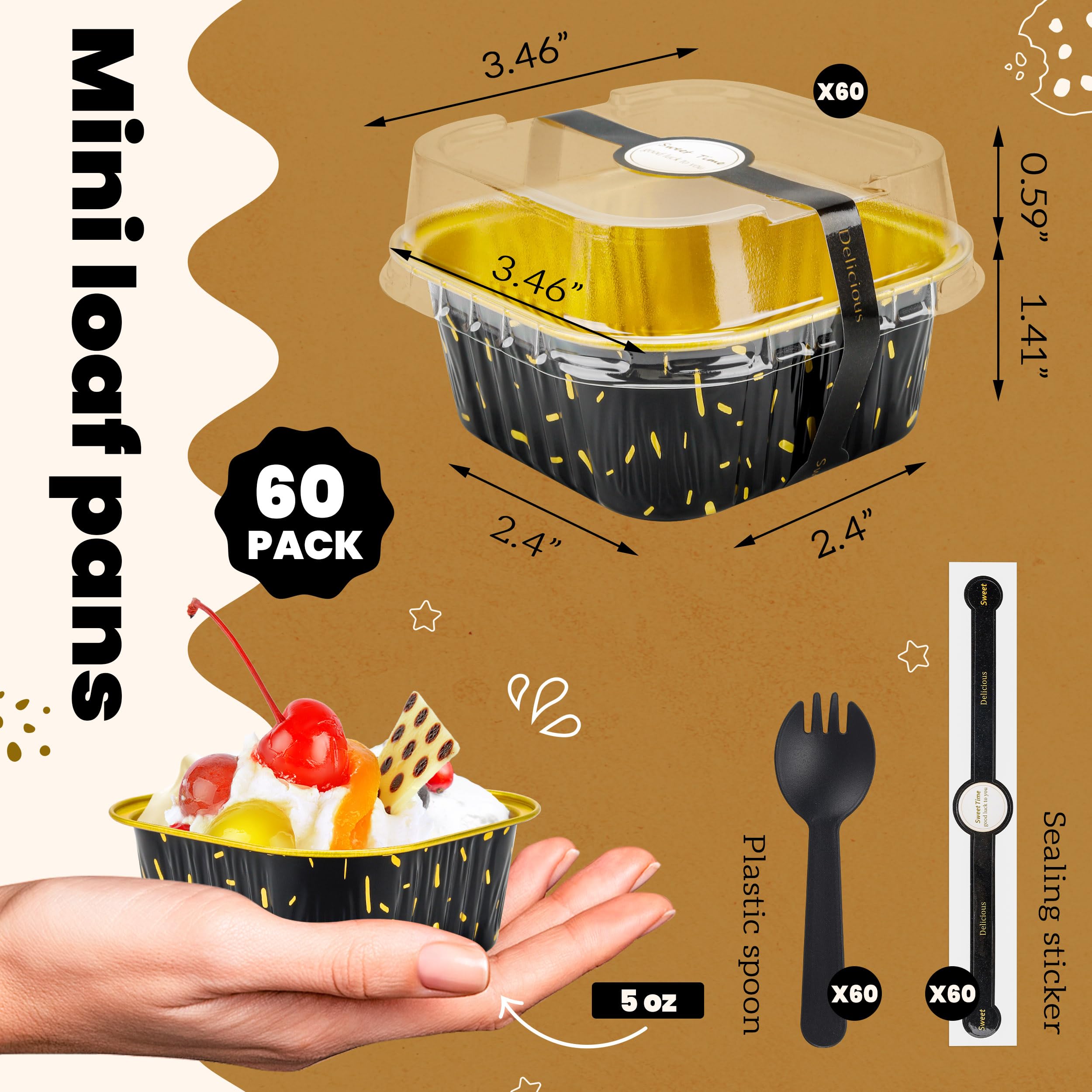 NPLUX 60 Pack Mini Cake Pans with Lids Square Mini Aluminum Pans Pie Tins Flan Containers for Wedding Birthday Party Gift (5OZ,
