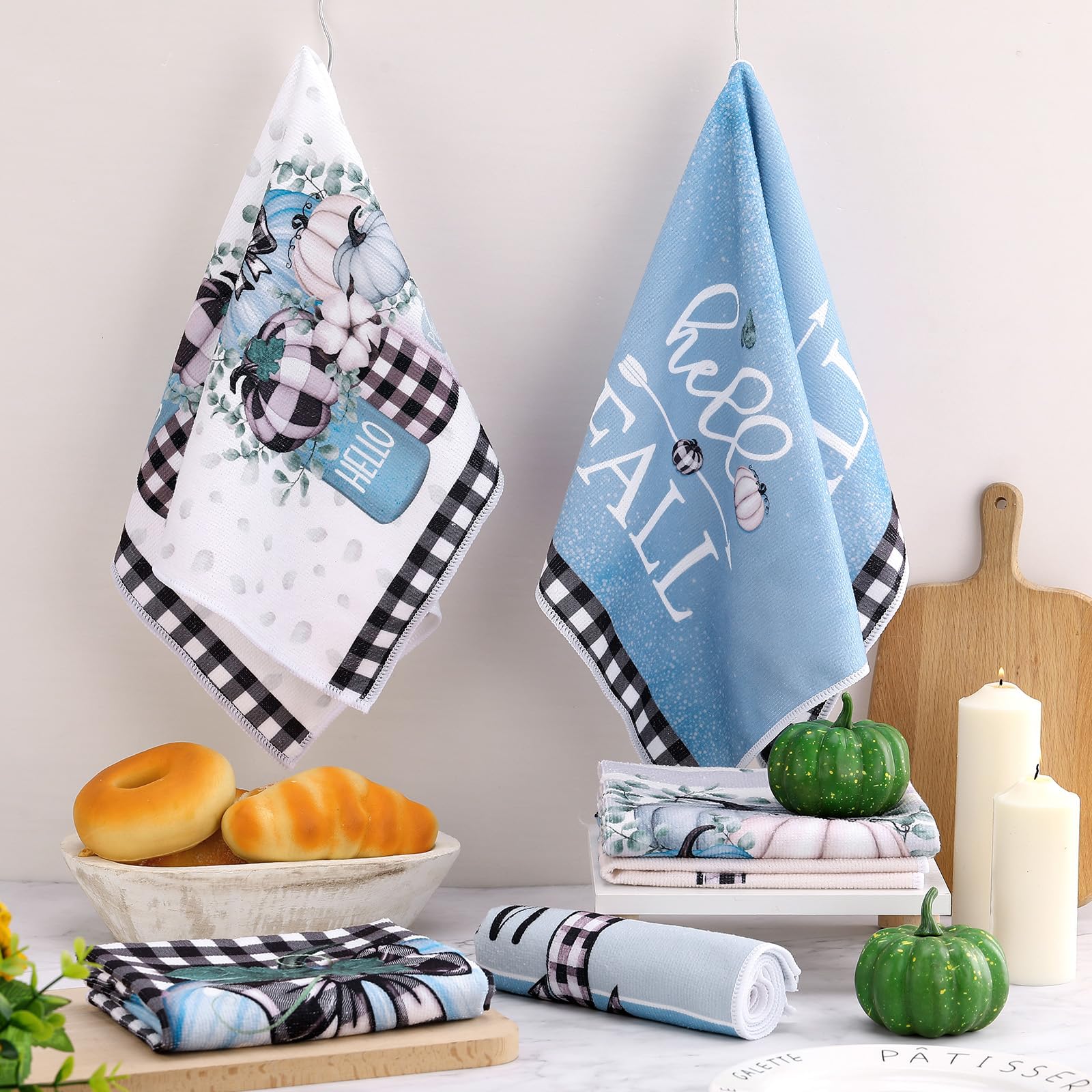 Windkream 6 Pieces Fall Kitchen Towels Thanksgiving Blue Pumpkin Dish Towels Blue Bathroom Hand Towels 21.26 x 14.17 Inches Buff