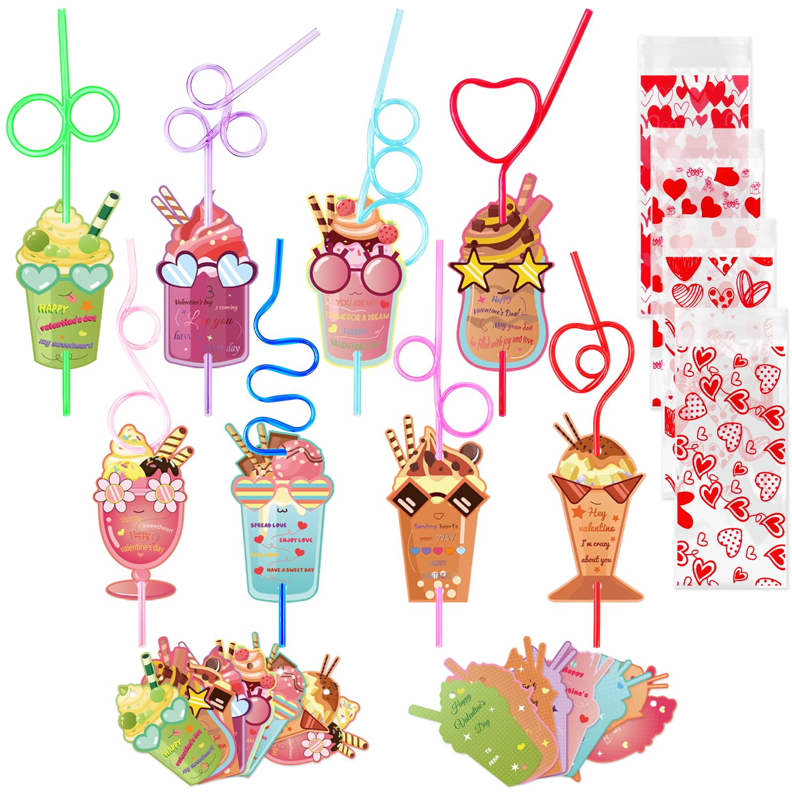 Valentines Day Cards With Straws, Set Of 32 Crazy Straw Valentines For Kids With Heart Bag, Valentine Exchange Card For Girls Bo