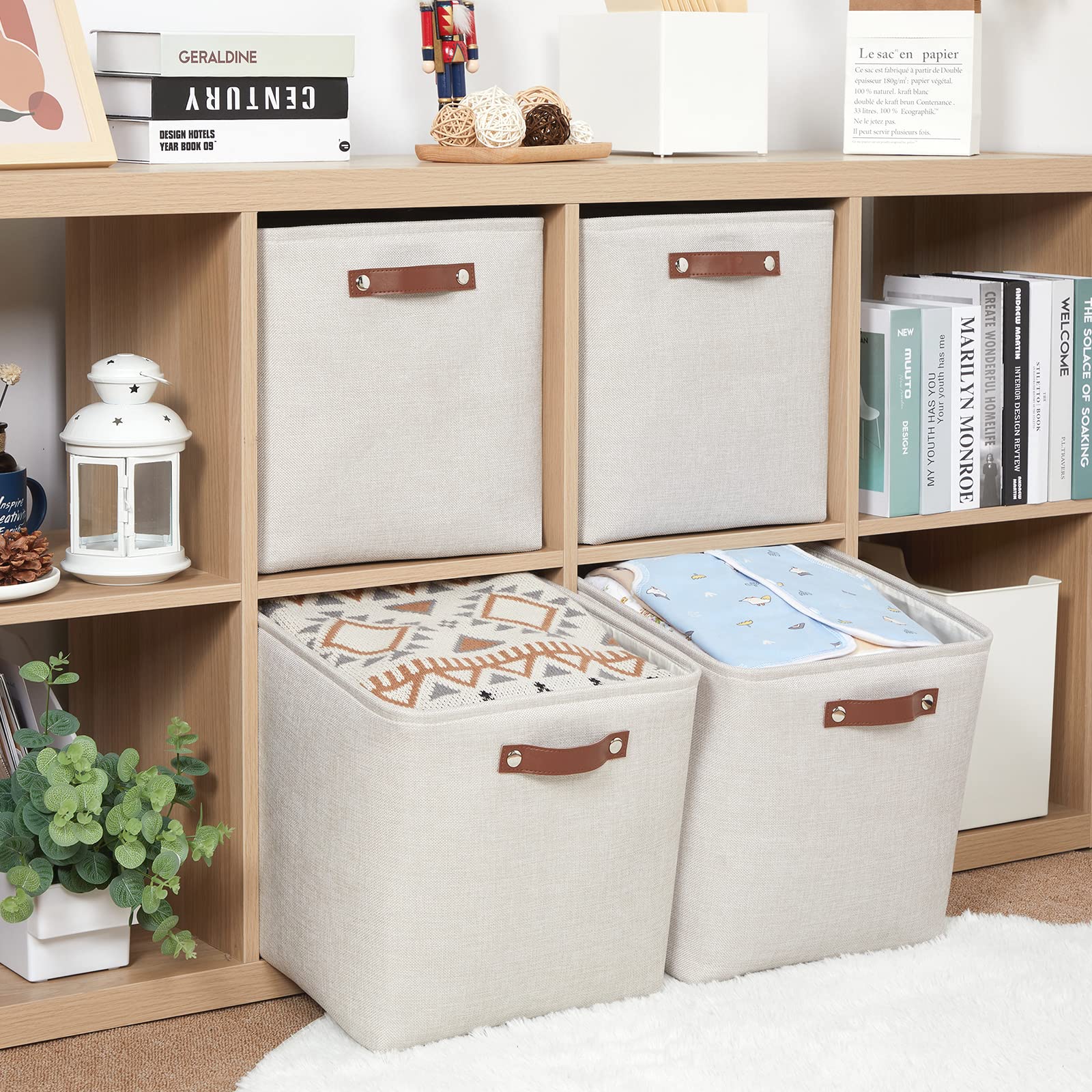 HNZIGE 13x13x13 Cube Storage Bins  Fabric Storage Cubes Baskets for Shelves  Set of 4  Cube Storage Baskets with Handles Foldable Storage Baskets for Organizing Clothes  Toys  Closet  Nursery(Cream)