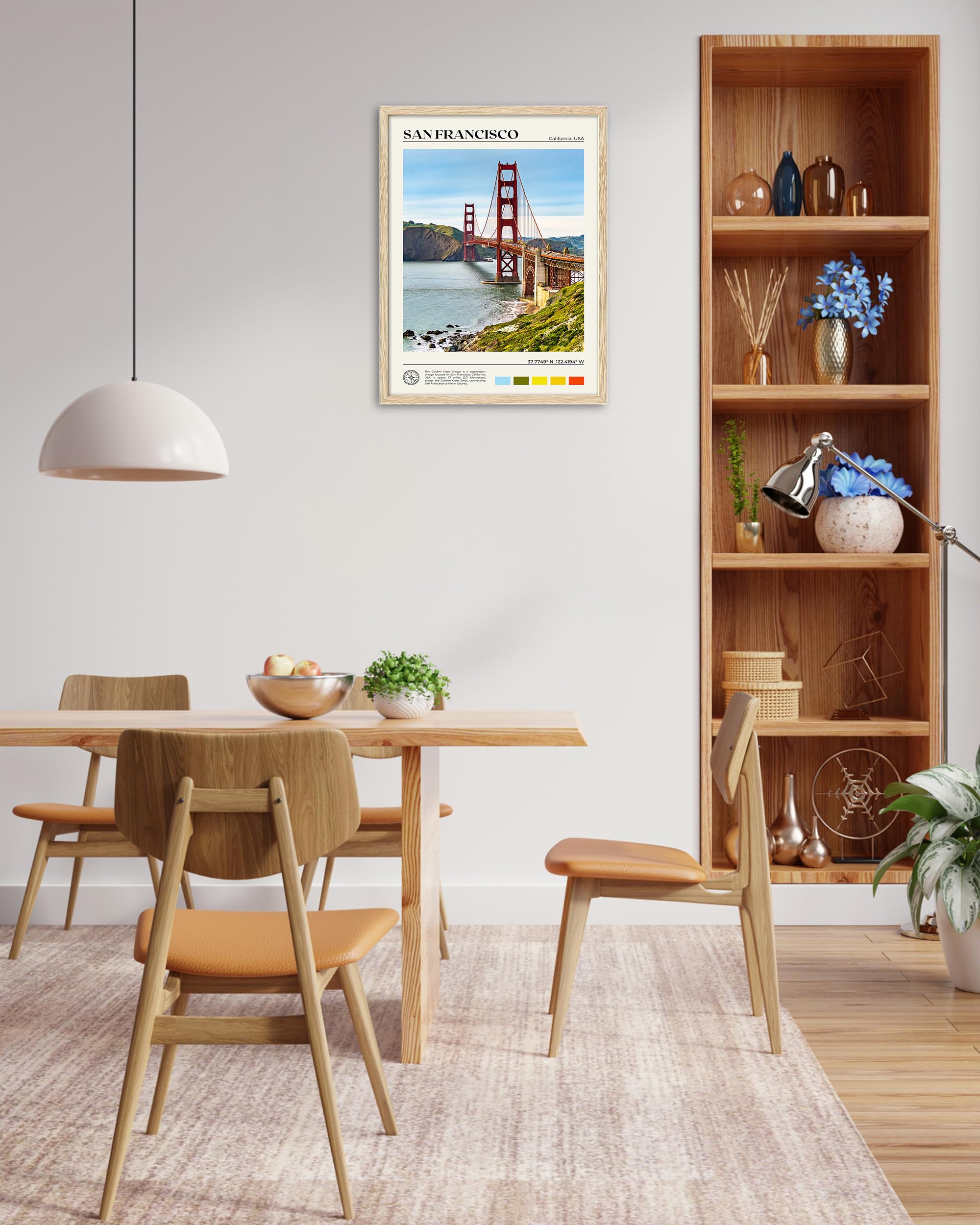 Hesendot Natural Oak Wood Golden Gate Bridge Framed Wall Art,12X16In San Francisco City Skyline Canvas Wall Print,Modern Urban L