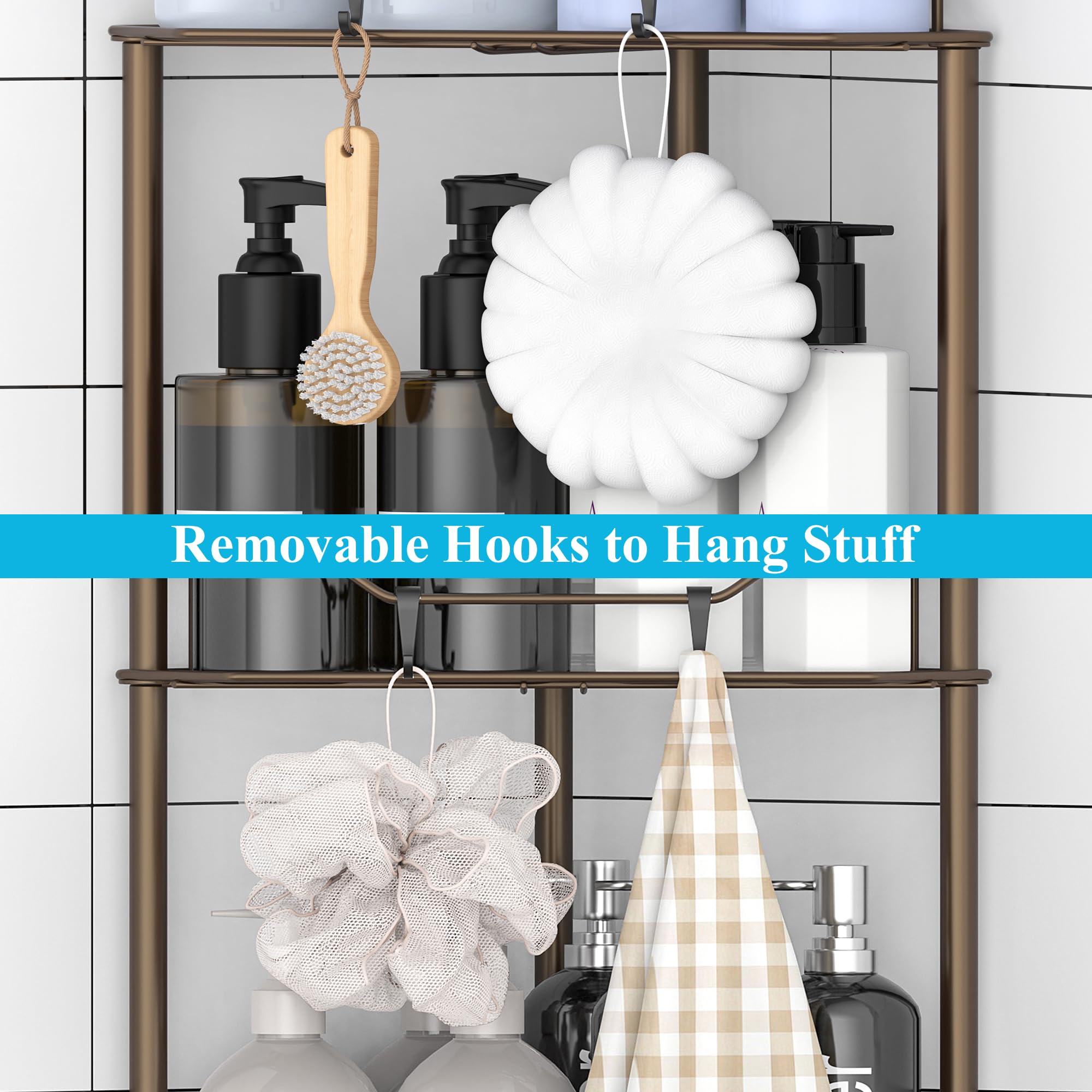 Huggiegems 4 Tier Floor Standing Corner Shower Caddy Organizer Shelf With Hooks, Bathroom Shelves Stand Rack, Bronze