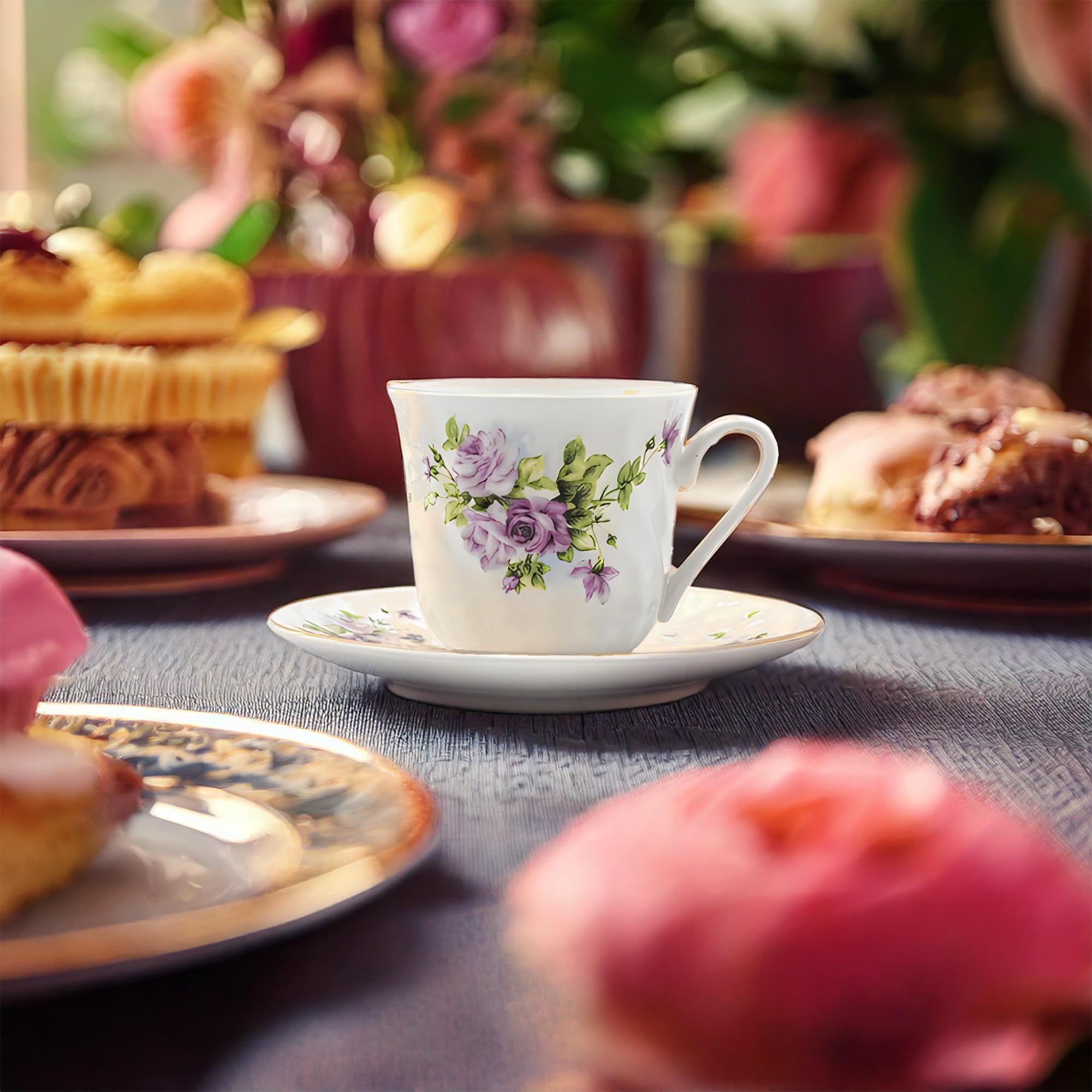 Lynns Lucinda Porcelain Tea Cup And Saucer With Gold Trim, Set Of 6; Vintage Floral